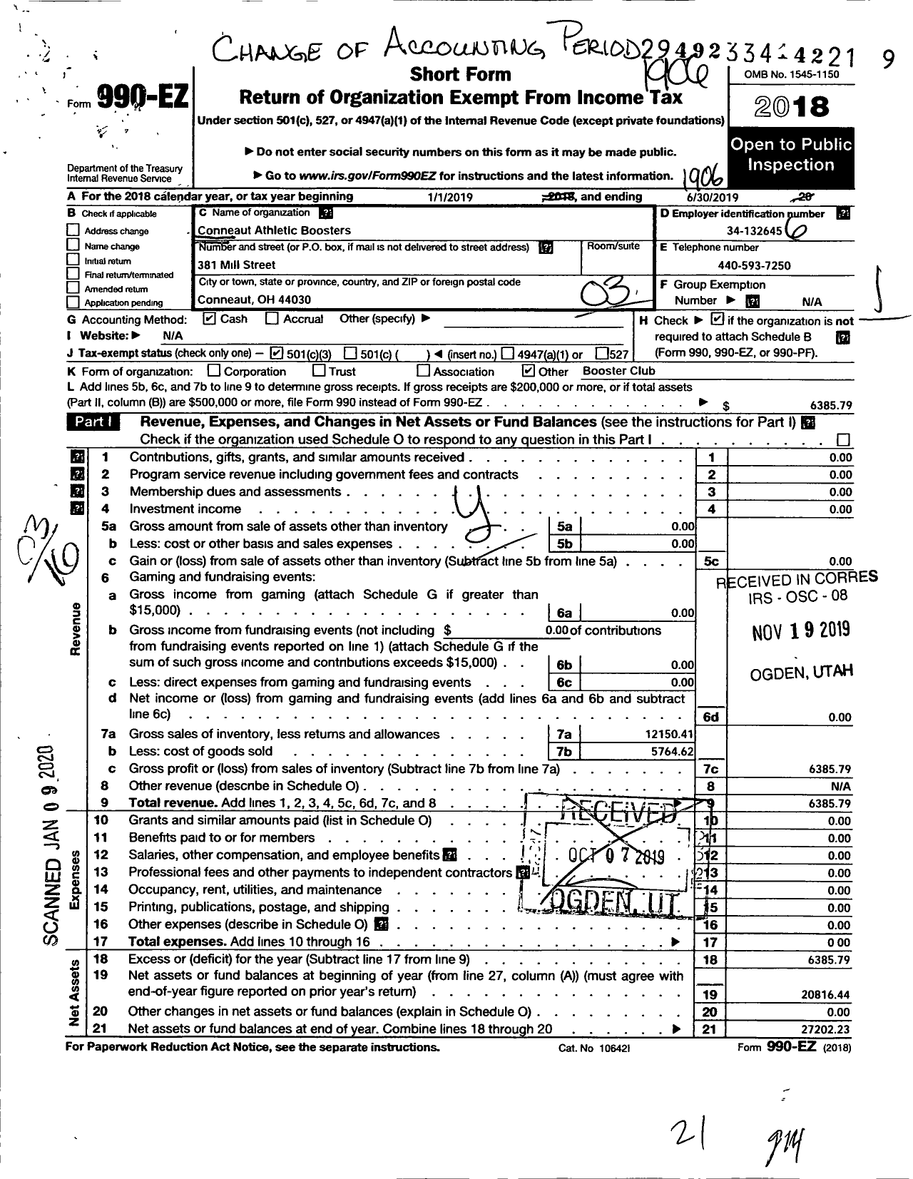 Image of first page of 2018 Form 990EZ for Conneaut Athletic Boosters