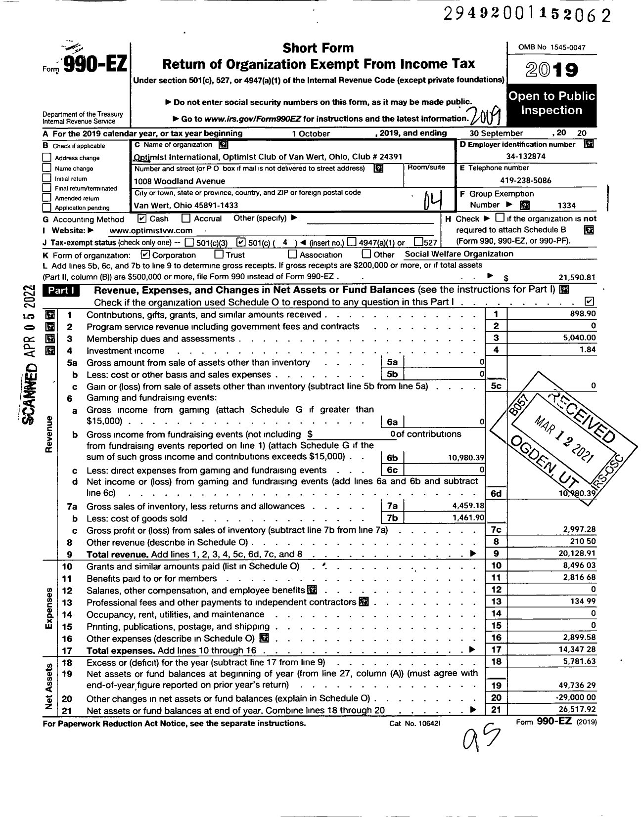 Image of first page of 2019 Form 990EO for Optimist International - 24391 Optimist Club of Van Wert Oh