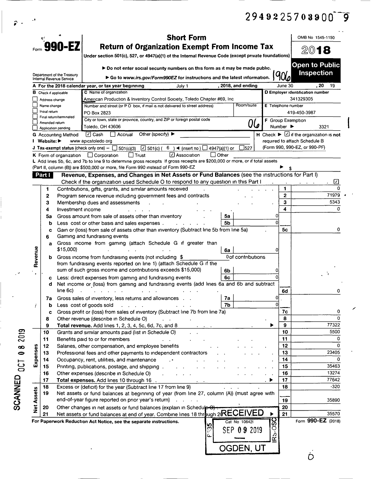 Image of first page of 2018 Form 990EO for American Production and Inventory Control Society - 69 Toledo Chapter