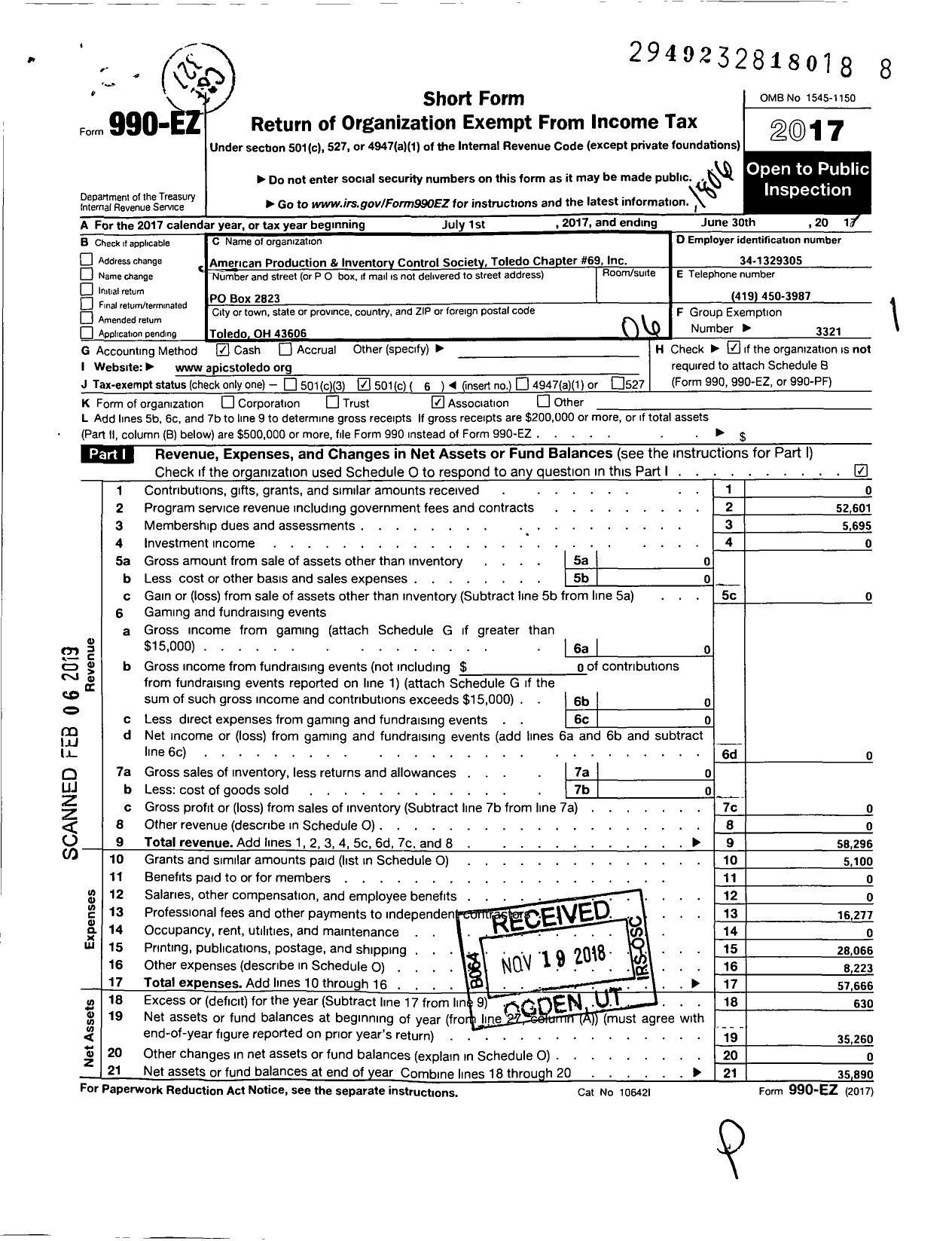 Image of first page of 2017 Form 990EO for American Production and Inventory Control Society - 69 Toledo Chapter