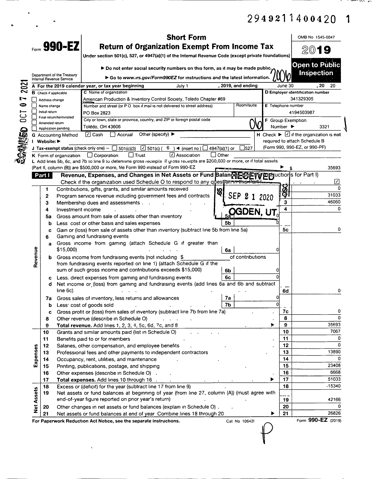 Image of first page of 2019 Form 990EO for American Production and Inventory Control Society - 69 Toledo Chapter