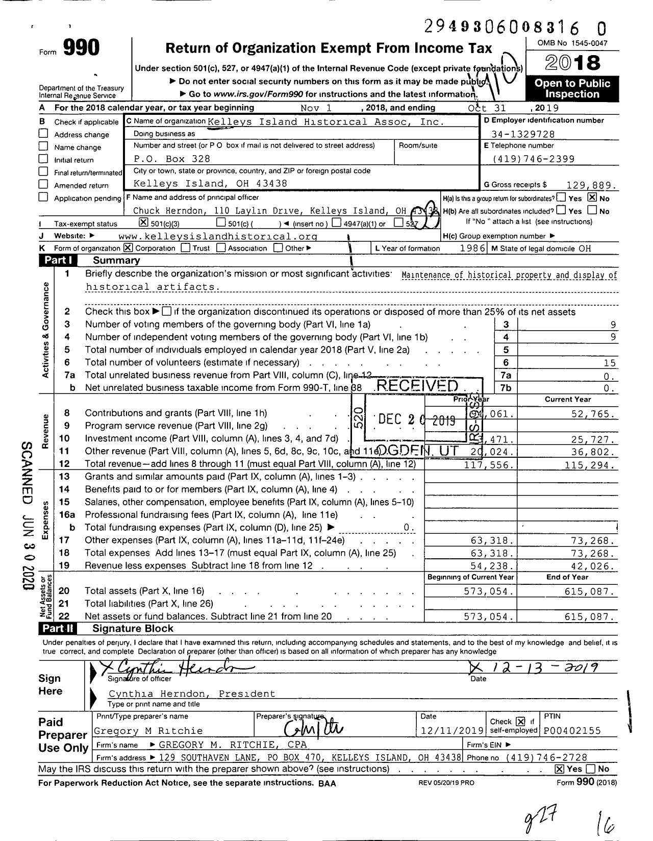 Image of first page of 2018 Form 990 for Kelleys Island Historical Assoc