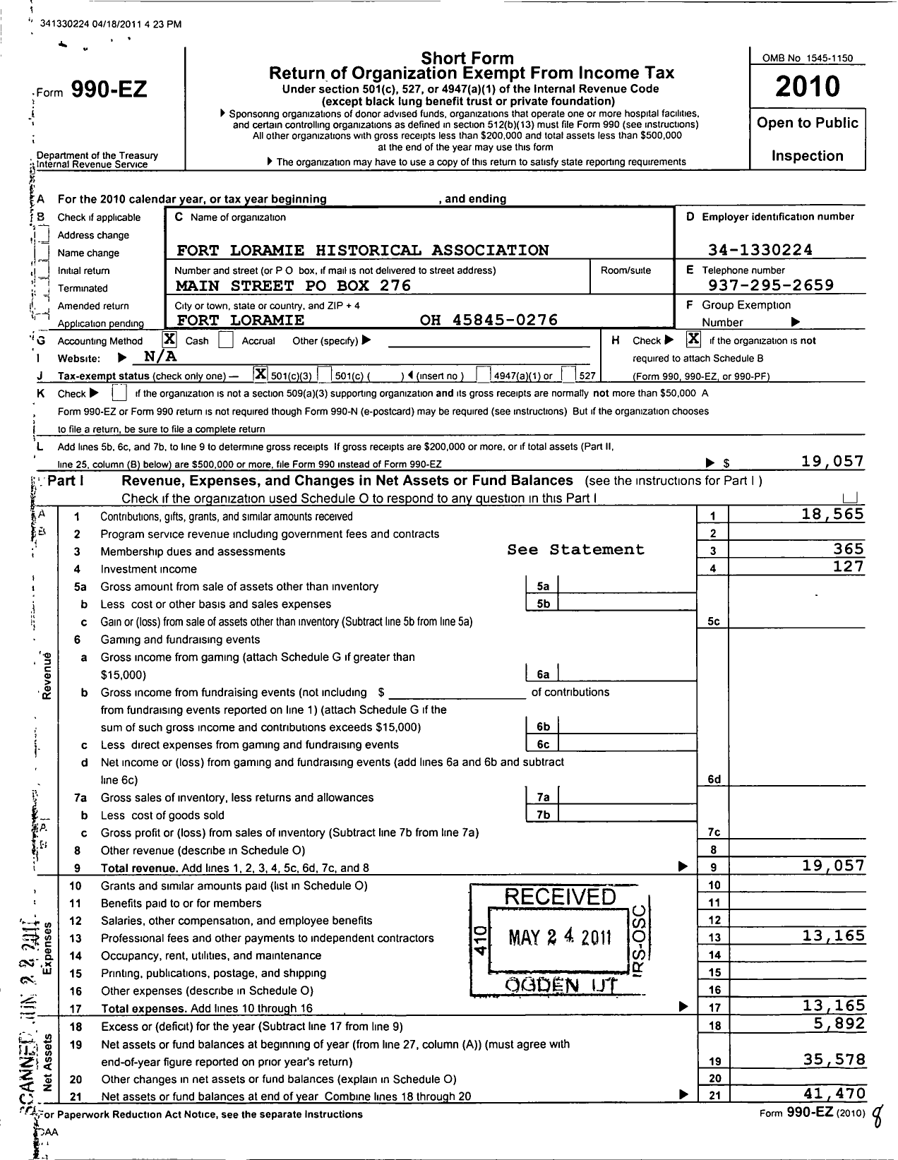 Image of first page of 2010 Form 990EZ for Fort Loramie Historical Association