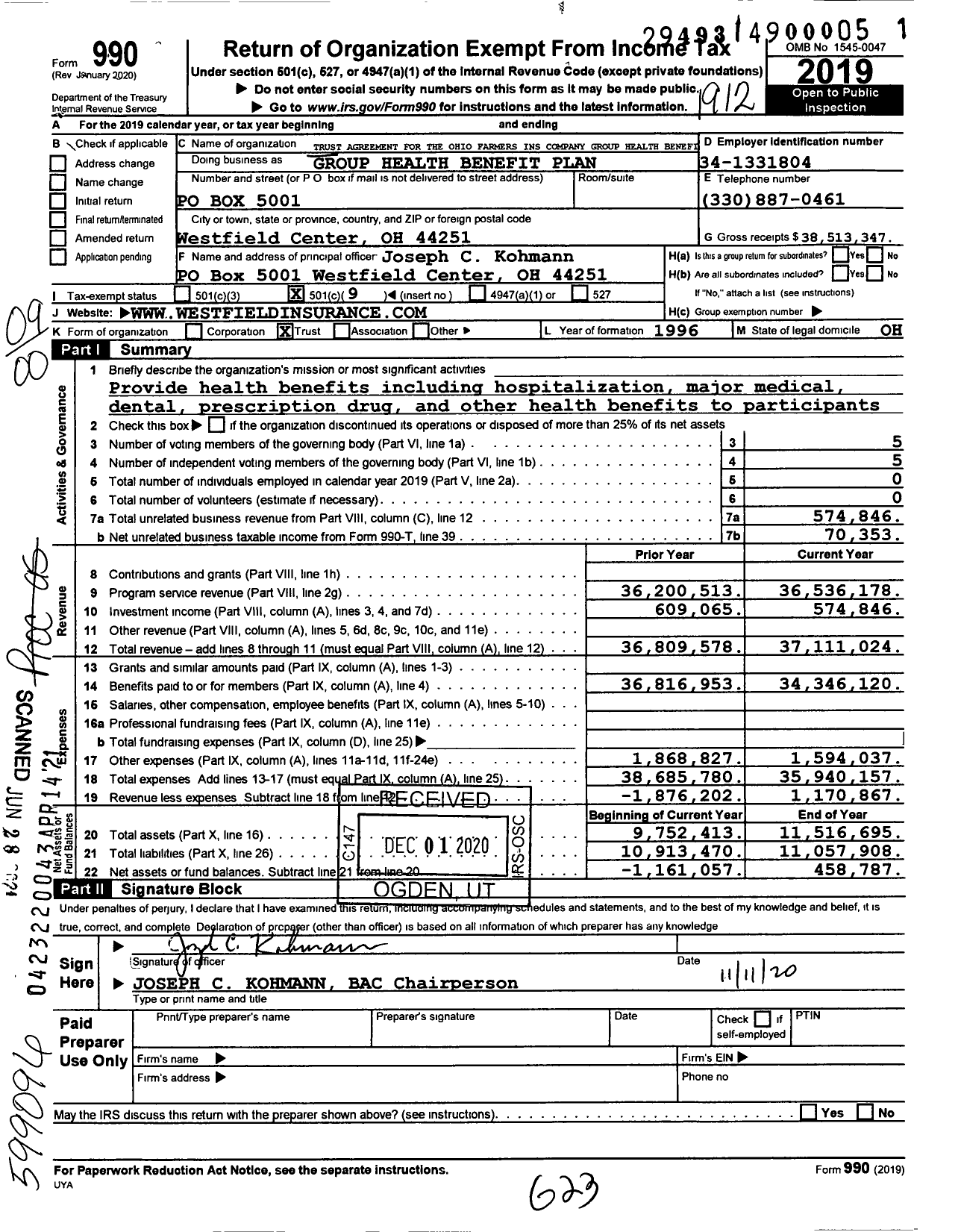 Image of first page of 2019 Form 990O for Trust Agreement for the Ohio Farmers Insurance Company Group Health Benefit Plan