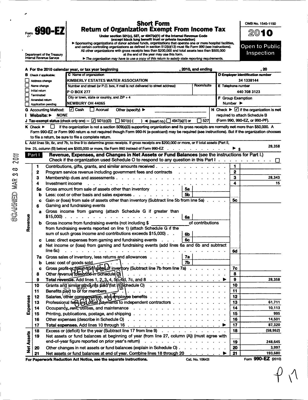 Image of first page of 2010 Form 990EZ for Kimberly Estates Water Association