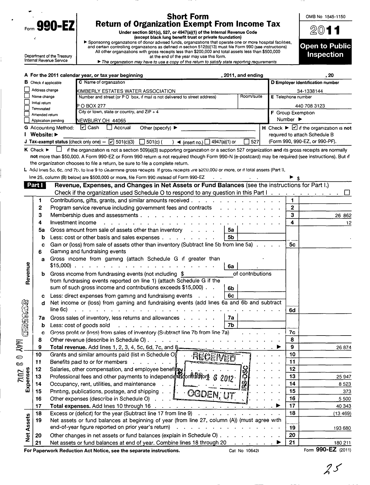 Image of first page of 2011 Form 990EZ for Kimberly Estates Water Association