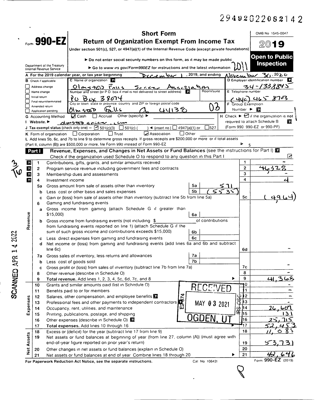 Image of first page of 2019 Form 990EZ for Olmsted Falls Soccer Association