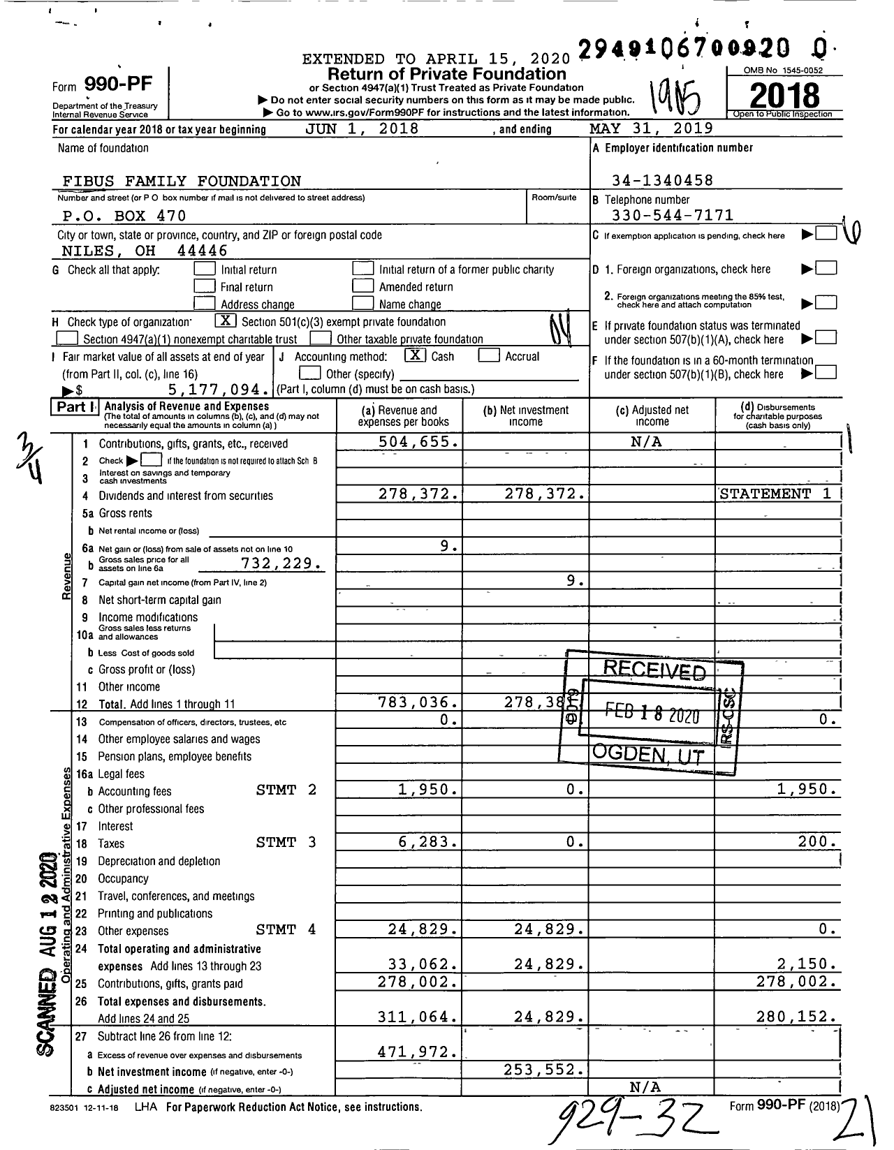 Image of first page of 2018 Form 990PR for Fibushendricks Family Foundation