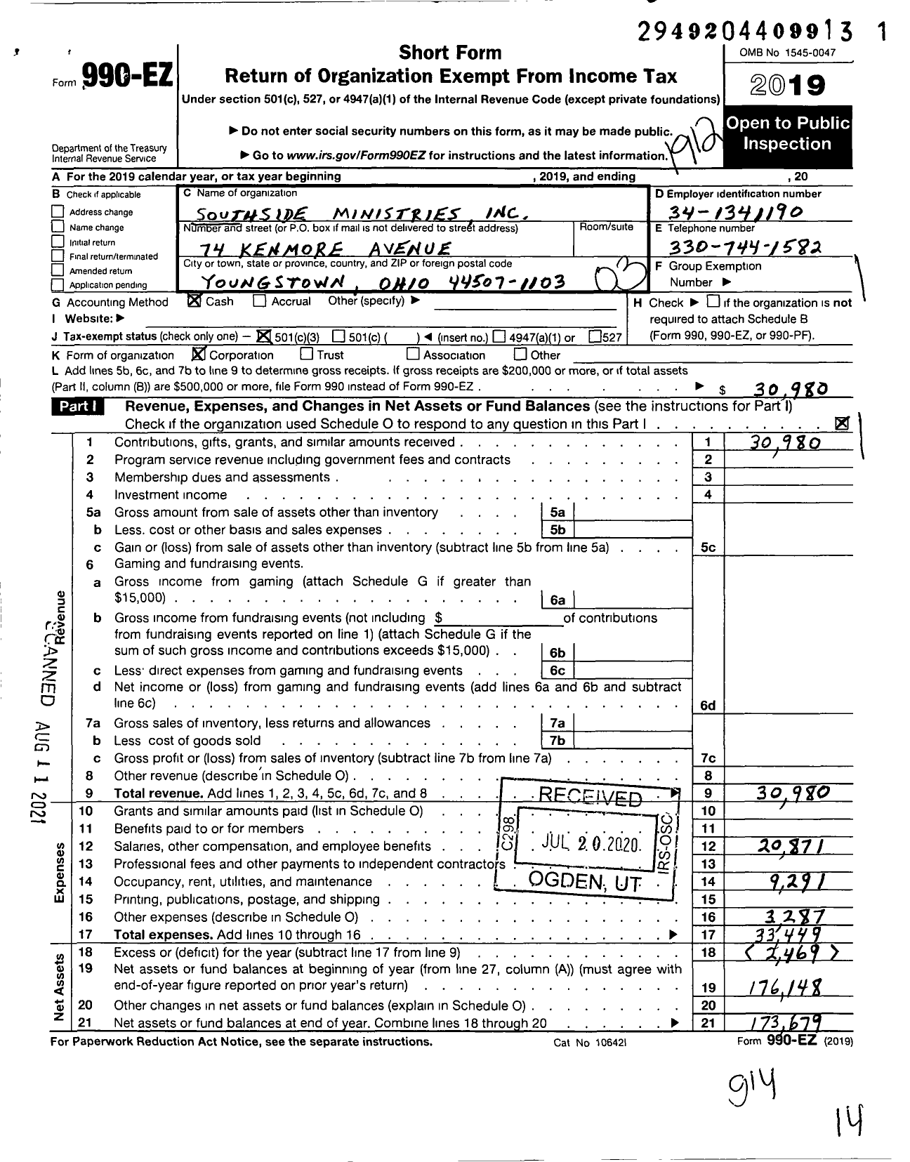 Image of first page of 2019 Form 990EZ for Southside Ministries