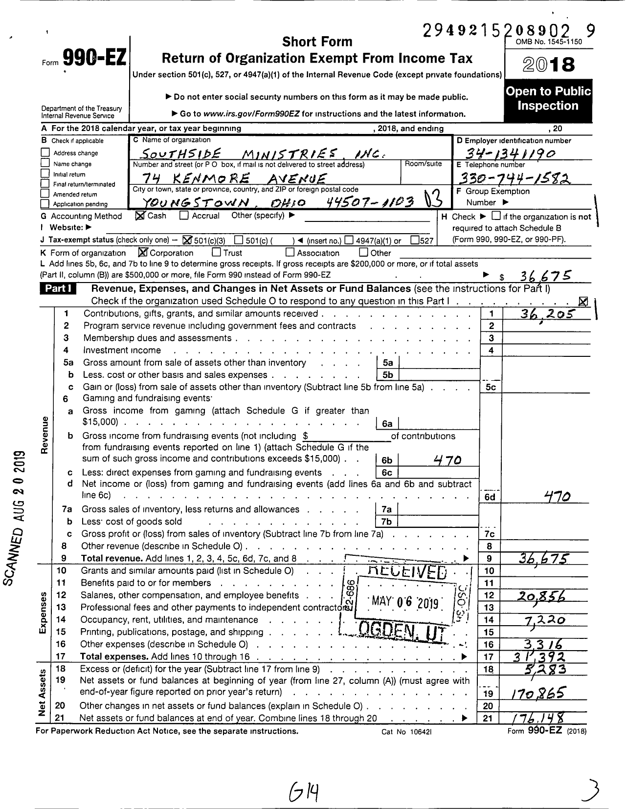 Image of first page of 2018 Form 990EZ for Southside Ministries