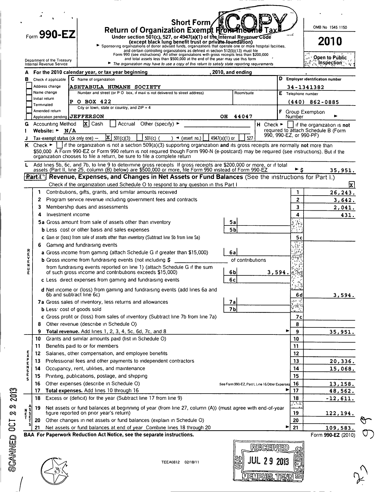 Image of first page of 2010 Form 990EZ for Ashtabula County Humane Society