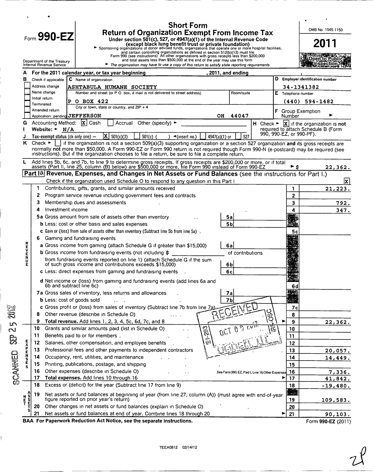 Image of first page of 2011 Form 990EZ for Ashtabula County Humane Society