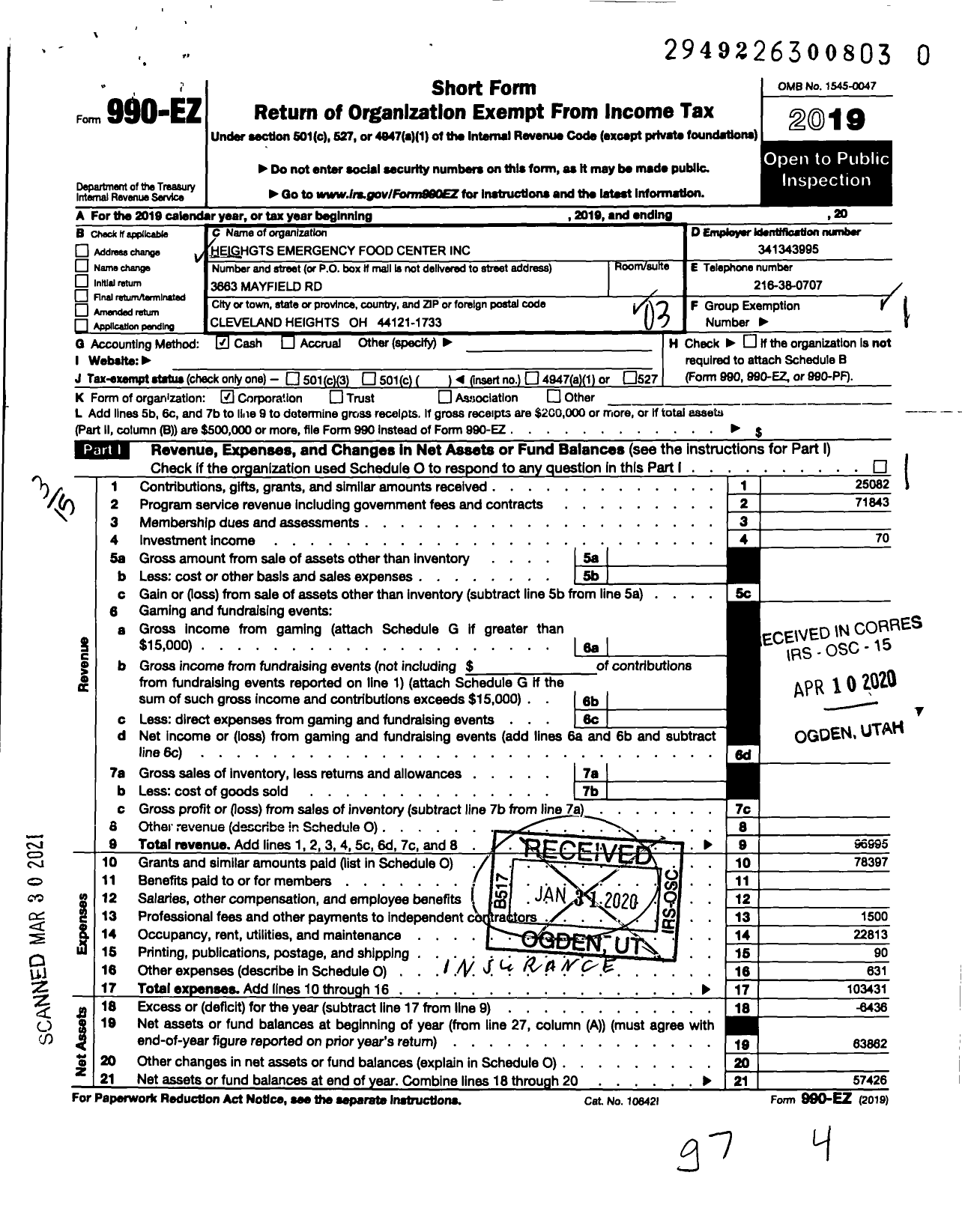 Image of first page of 2019 Form 990EZ for Heights Emergency Food Center