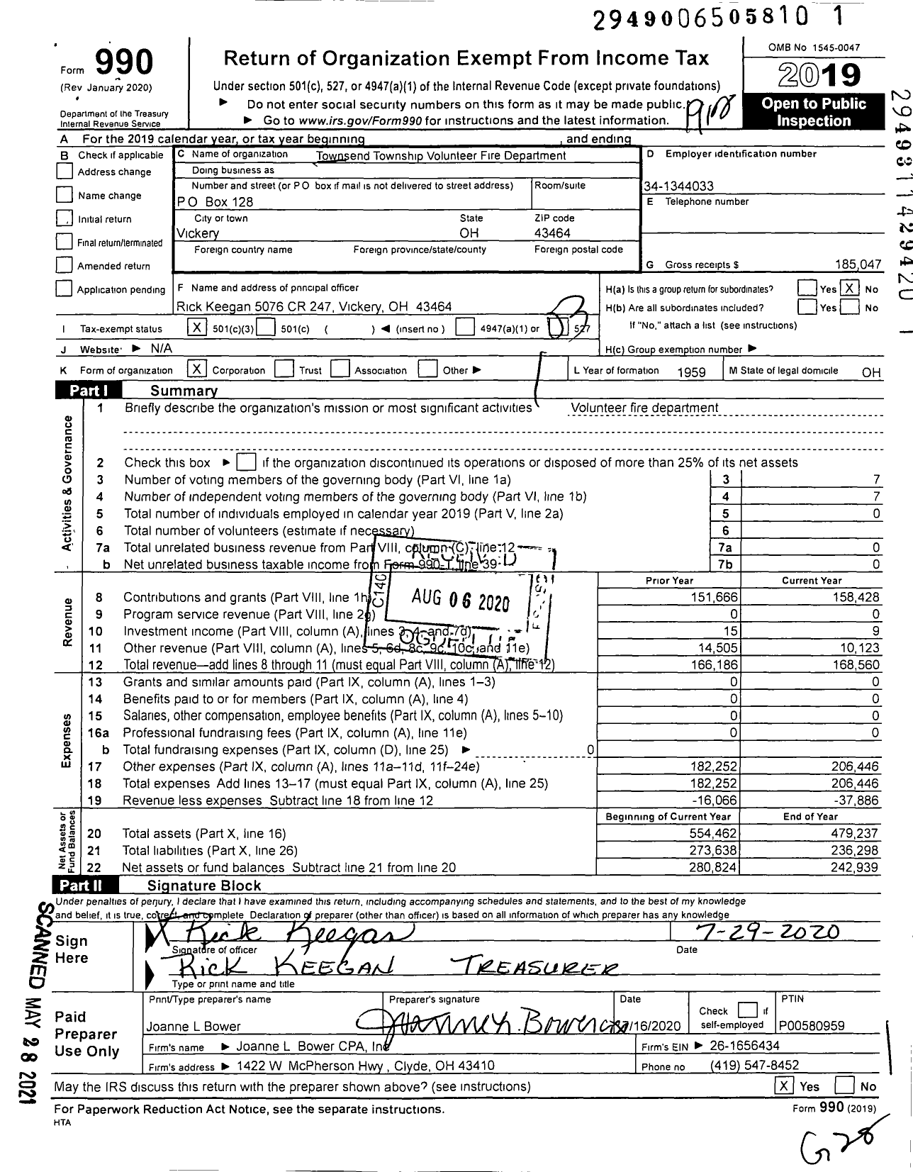 Image of first page of 2019 Form 990 for Townsend Township Volunteer Fire Department