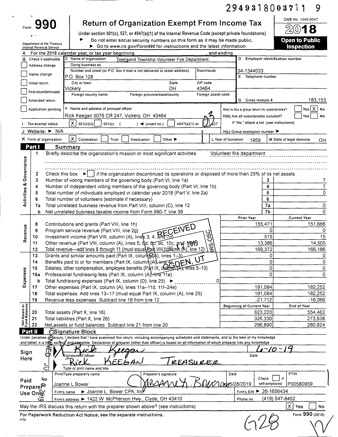 Image of first page of 2018 Form 990 for Townsend Township Volunteer Fire Department