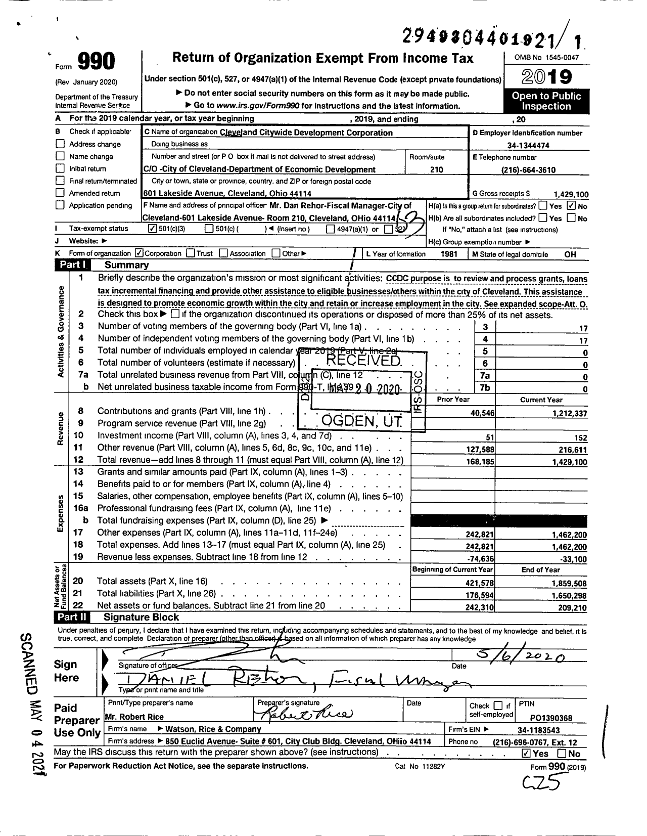 Image of first page of 2019 Form 990 for Cleveland Citywide Development Corporation