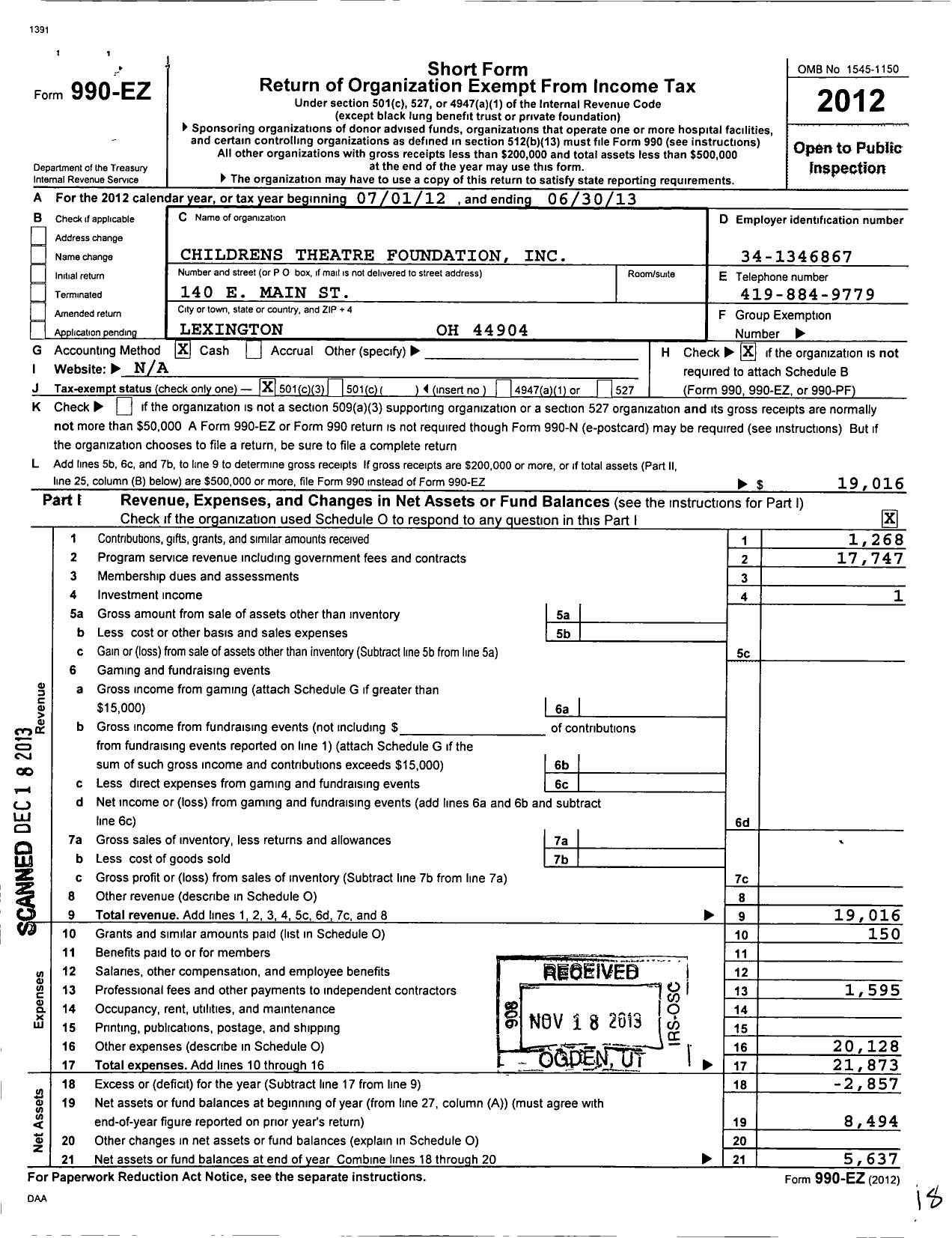 Image of first page of 2012 Form 990EZ for Childrens Theatre Foundation