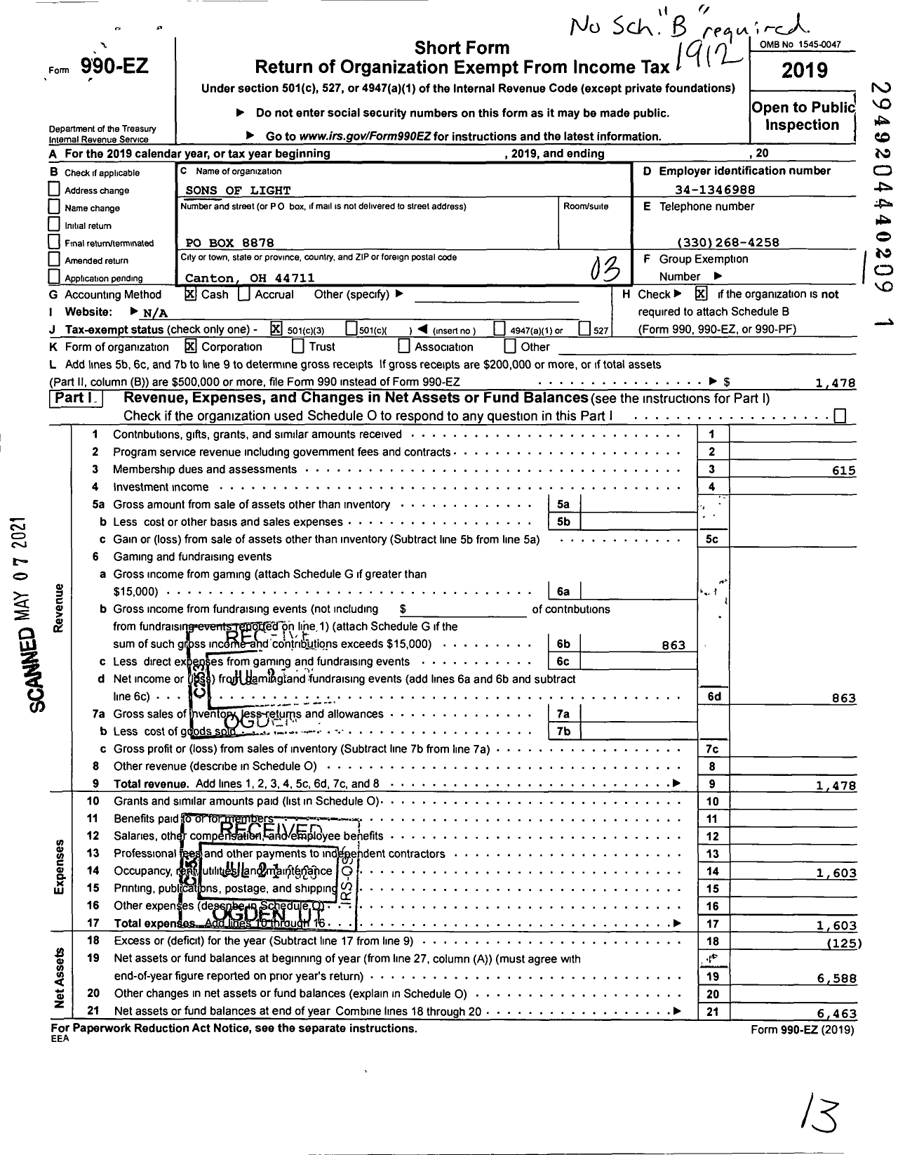 Image of first page of 2019 Form 990EZ for Sons of Light