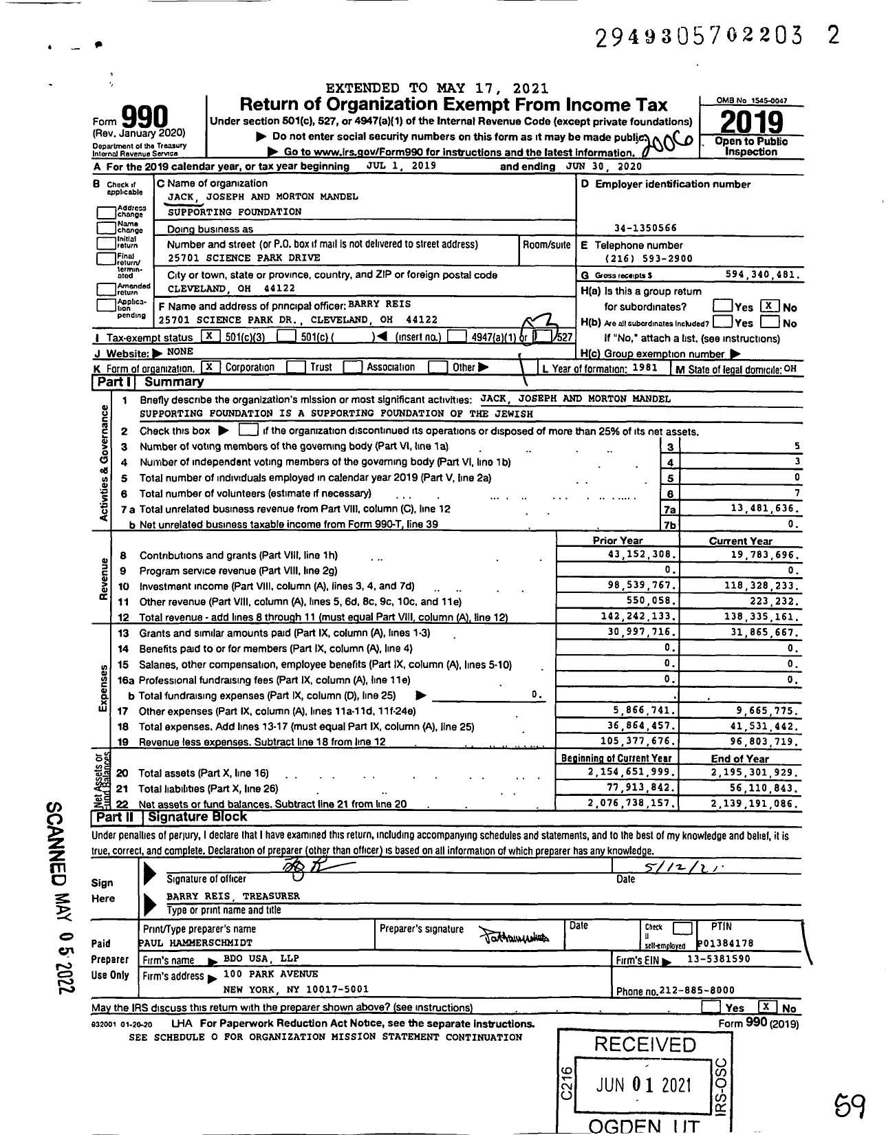 Image of first page of 2019 Form 990 for Jack Joseph and Morton Mandel Supporting Foundation