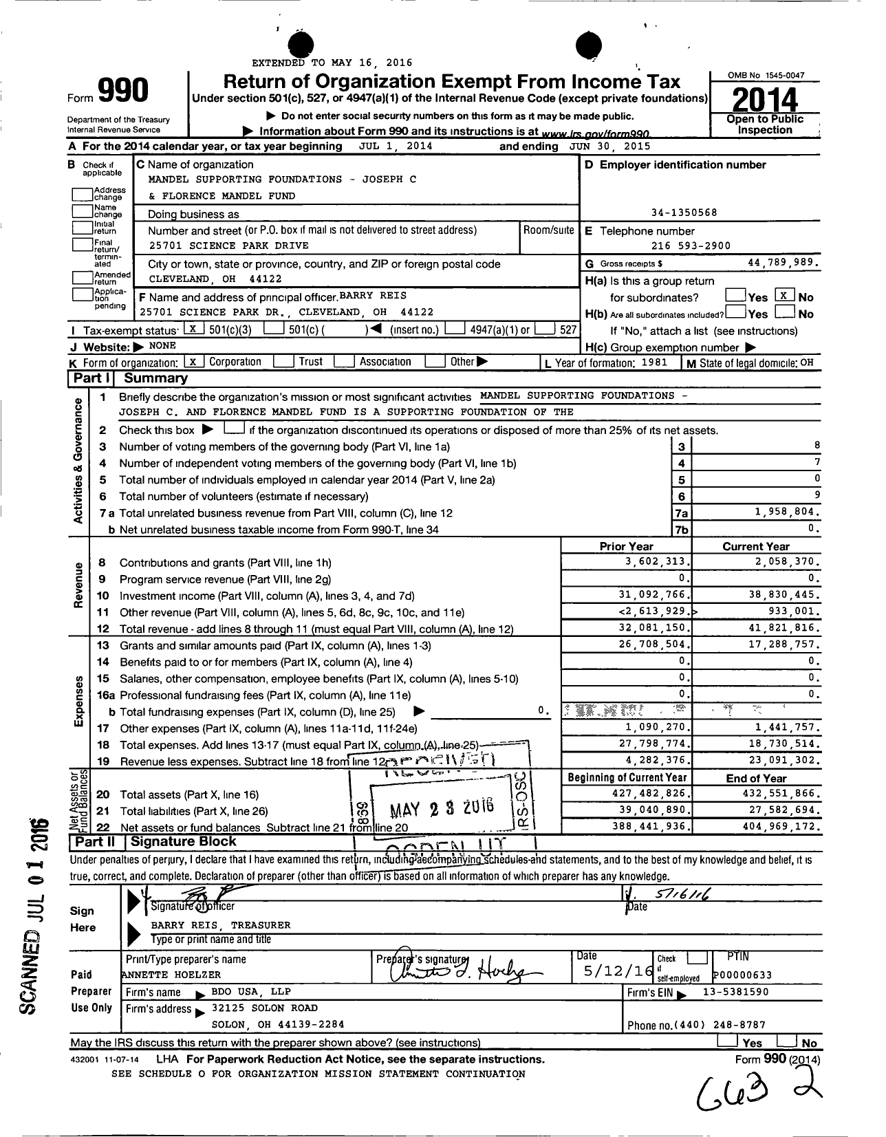 Image of first page of 2014 Form 990 for Mandel Supporting Foundations Joseph C and Florence Mandel Fund