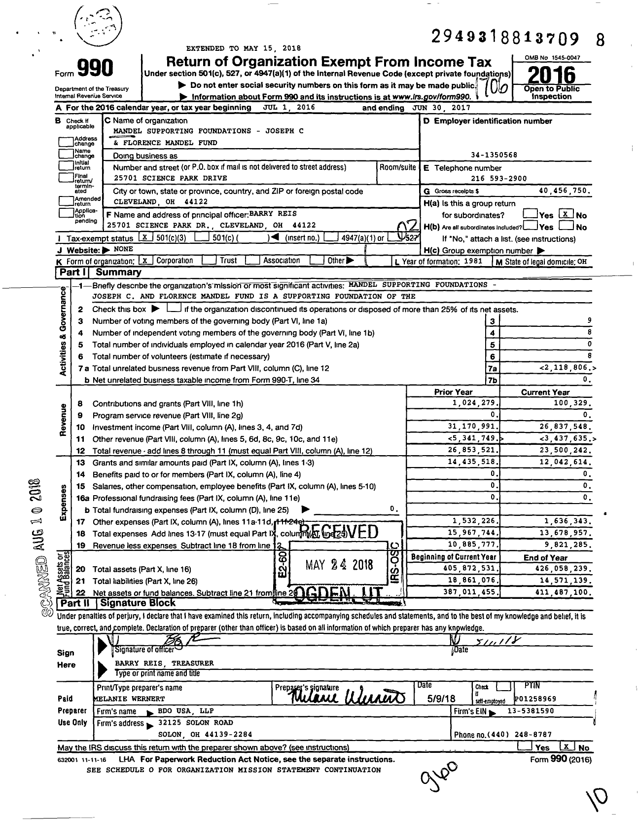 Image of first page of 2016 Form 990 for Mandel Supporting Foundations Joseph C and Florence Mandel Fund