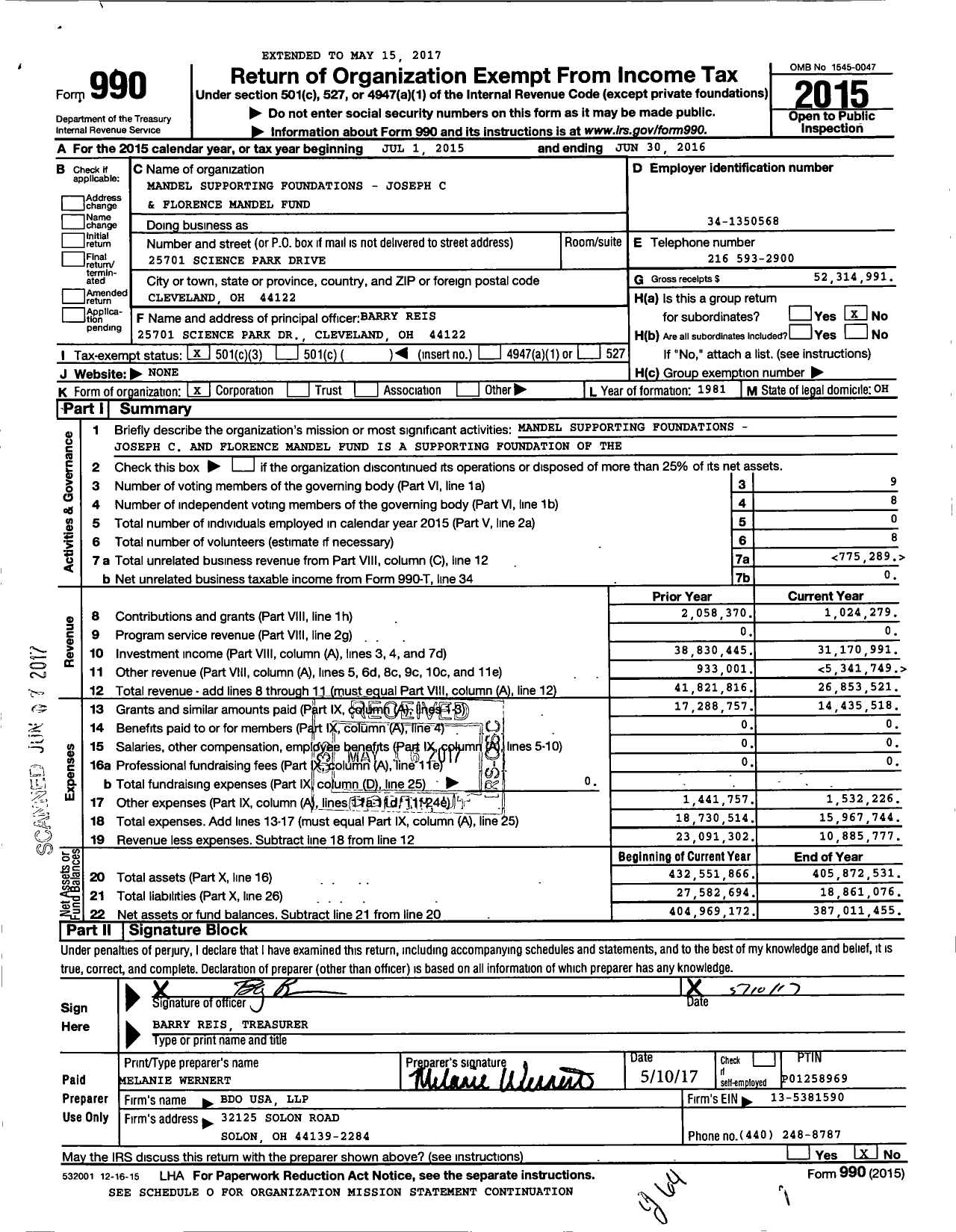 Image of first page of 2015 Form 990 for Mandel Supporting Foundations Joseph C and Florence Mandel Fund