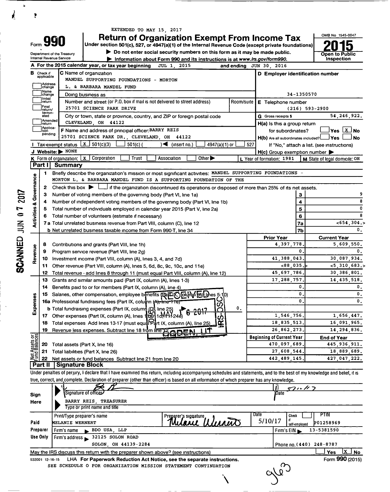 Image of first page of 2015 Form 990 for Mandel Supporting Foundations Morton L and Barbara Mandel Fund