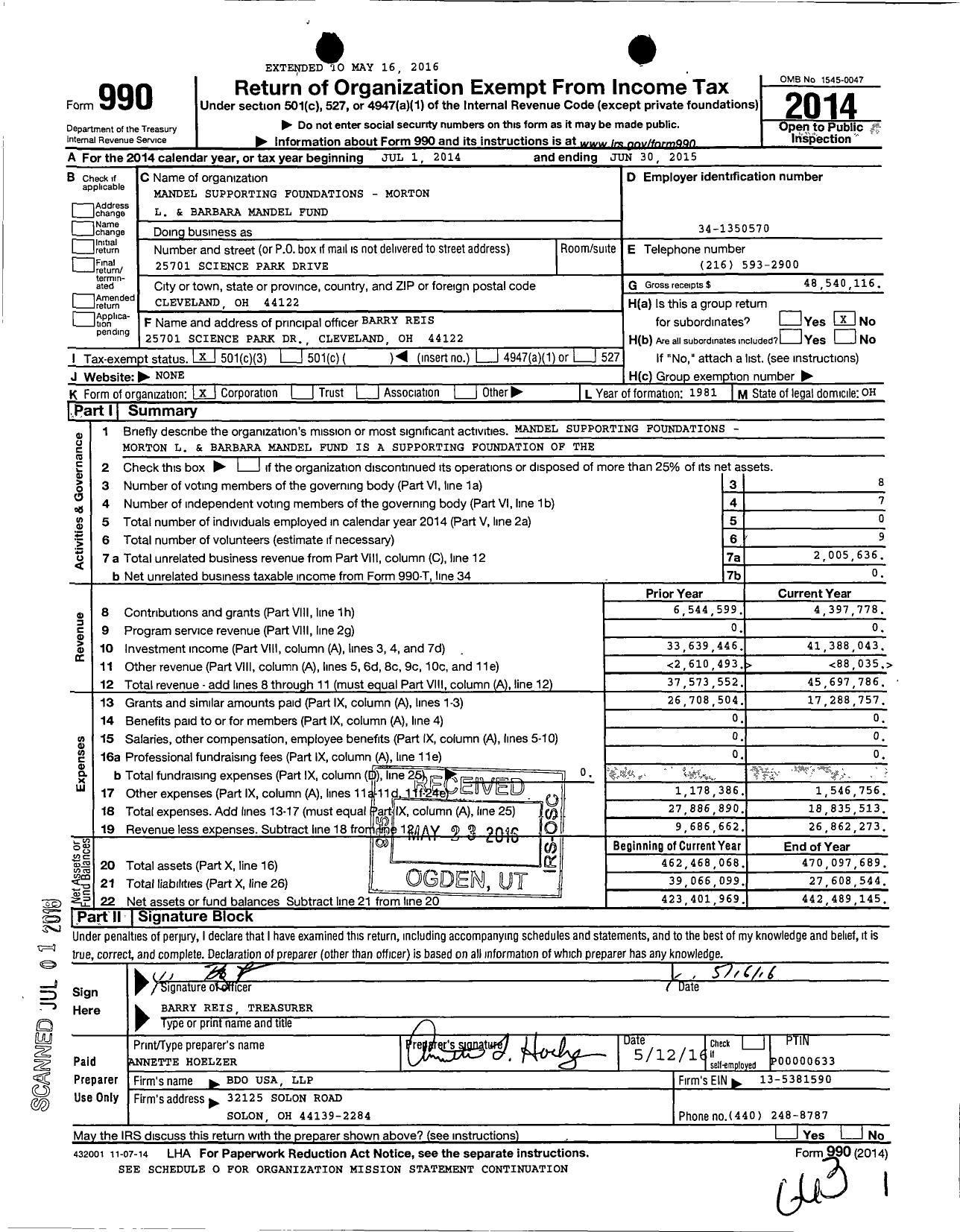 Image of first page of 2014 Form 990 for Mandel Supporting Foundations Morton L and Barbara Mandel Fund