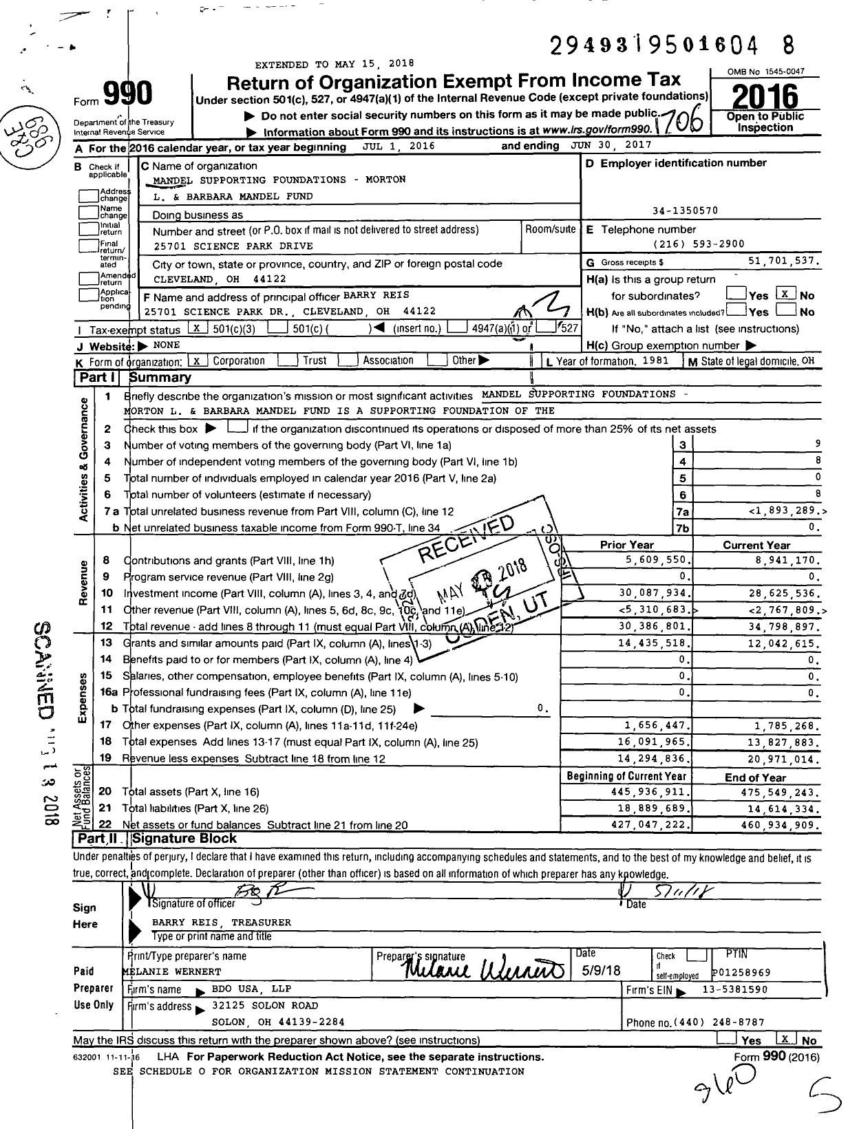 Image of first page of 2016 Form 990 for Mandel Supporting Foundations Morton L and Barbara Mandel Fund