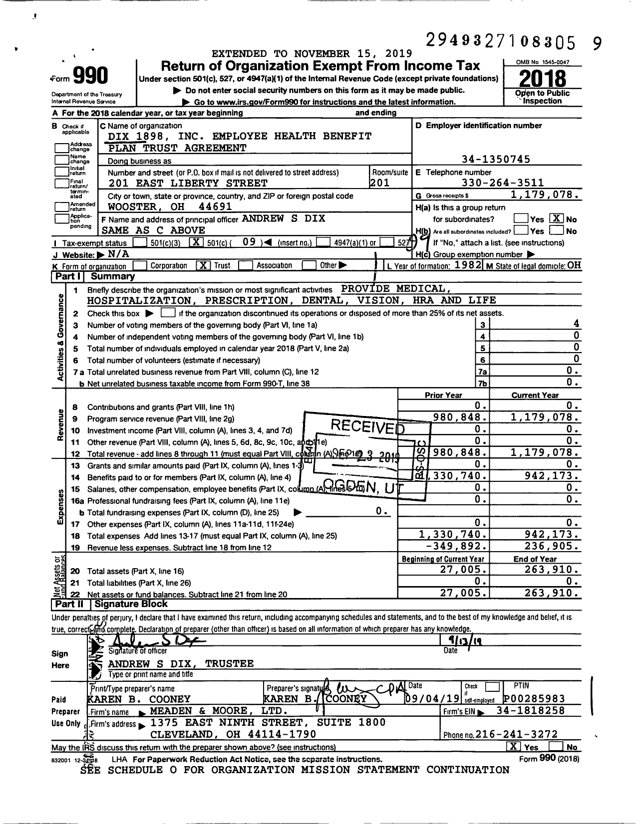 Image of first page of 2018 Form 990O for Dix 1898 Employee Health Benefit Plan Trust Agreement