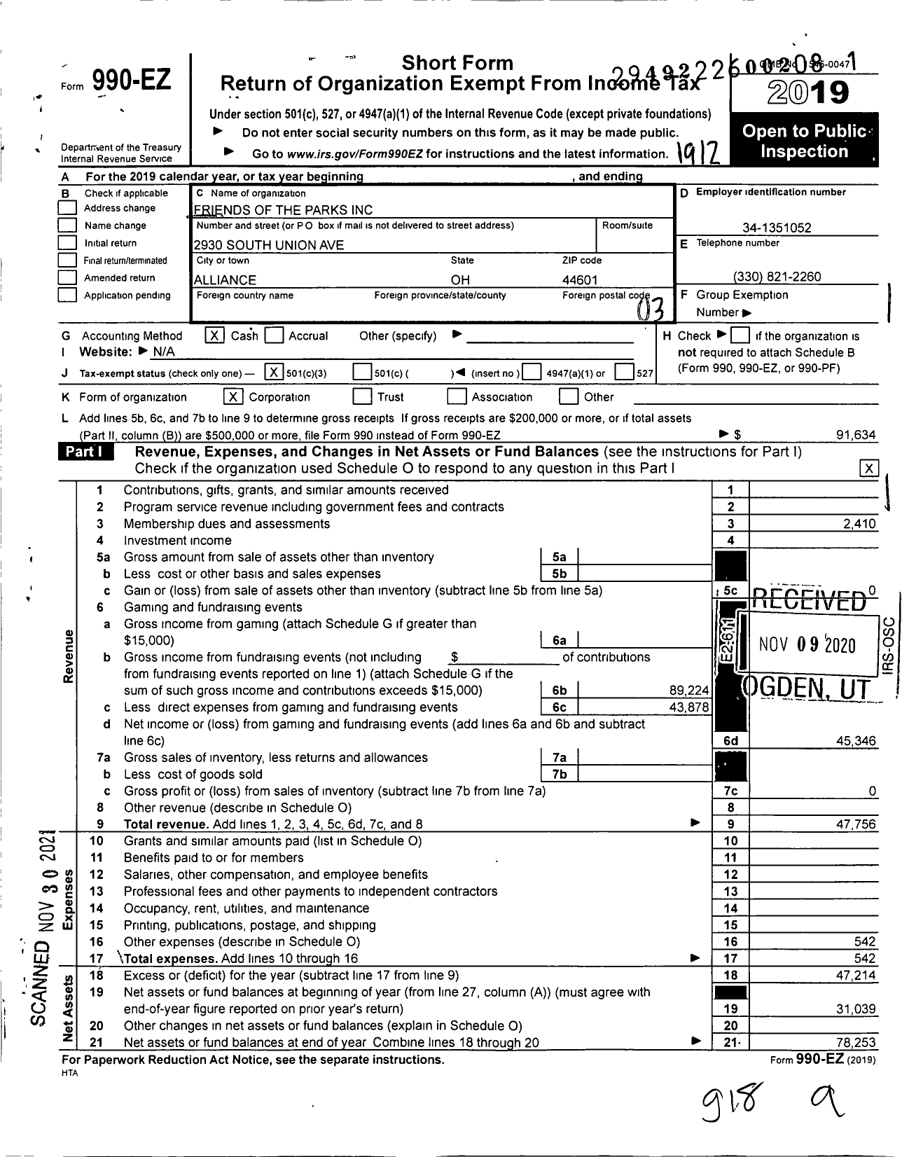 Image of first page of 2019 Form 990EZ for Friends of the Parks