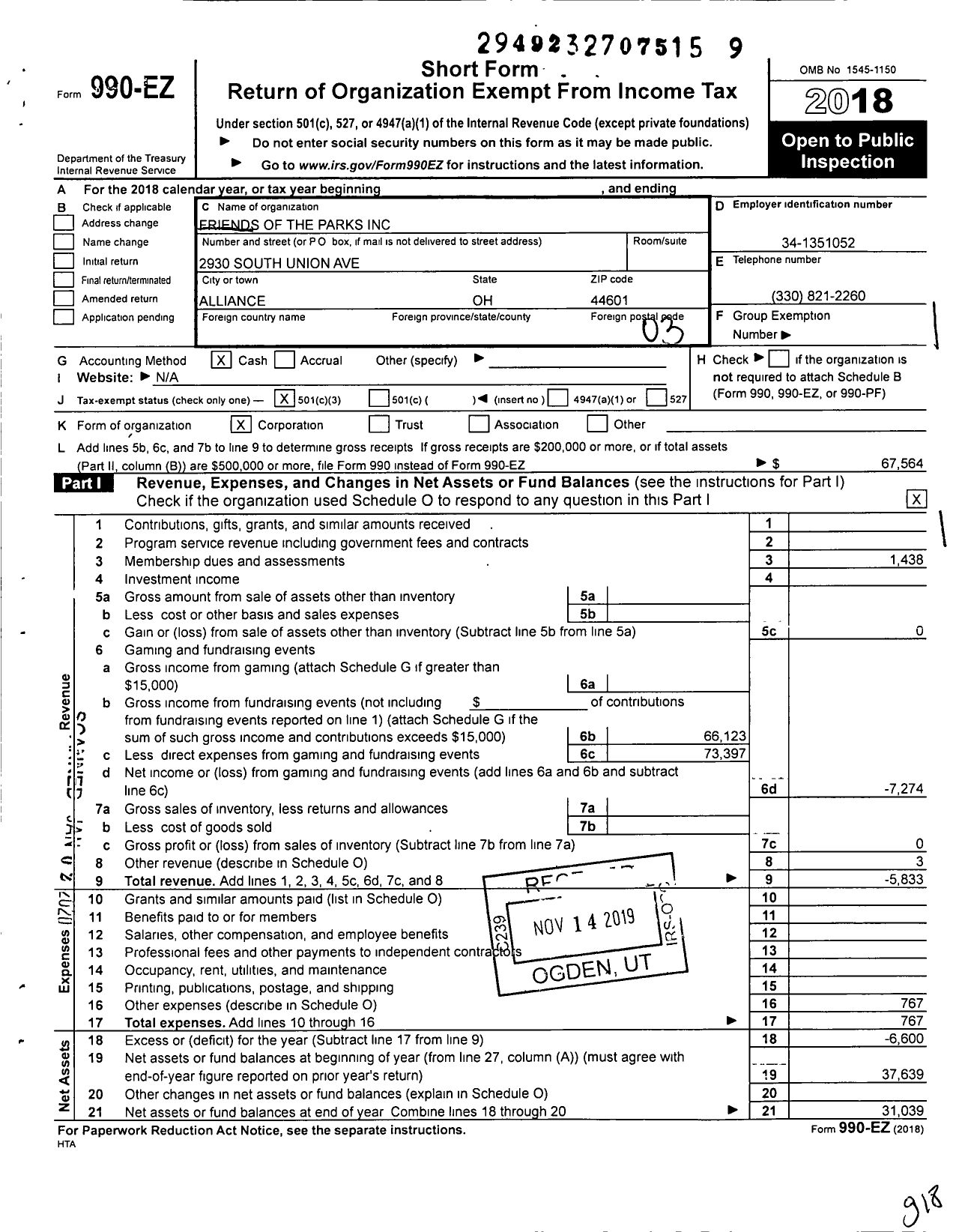 Image of first page of 2018 Form 990EZ for Friends of the Parks