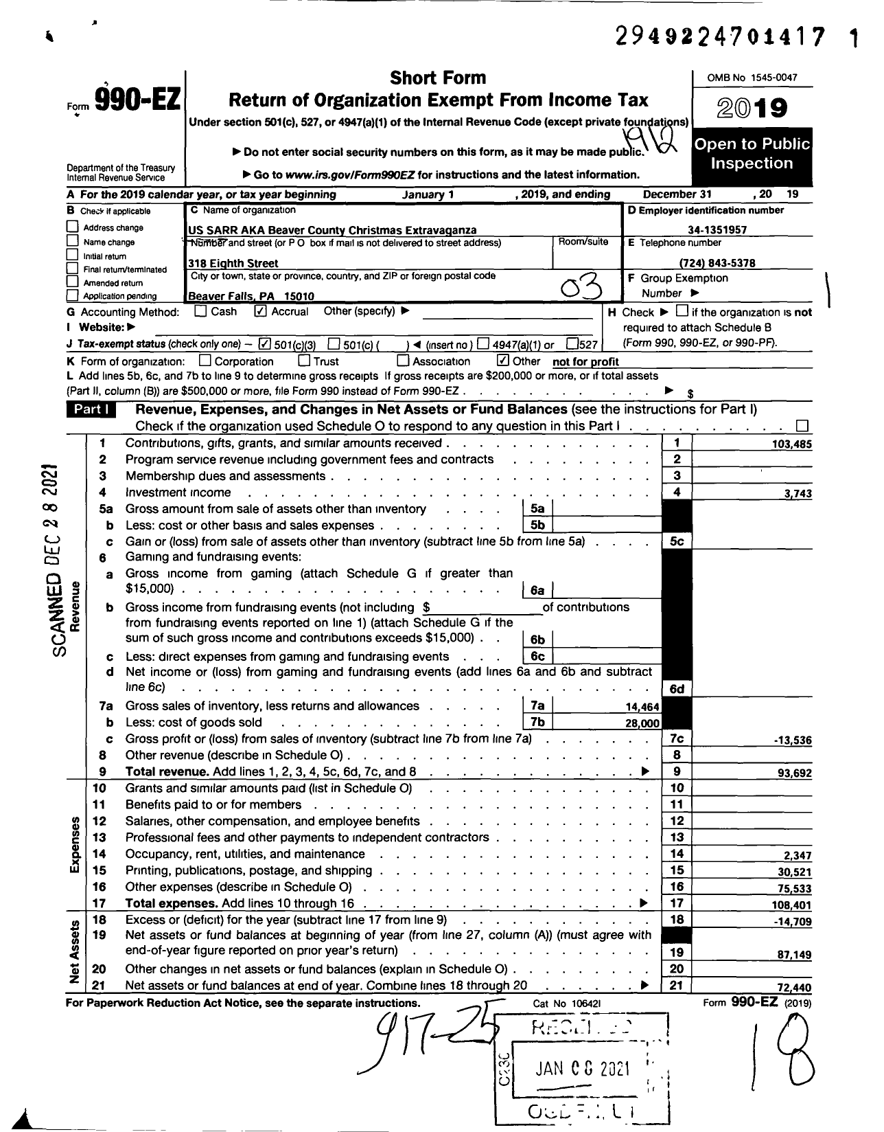 Image of first page of 2019 Form 990EZ for Us Sarr