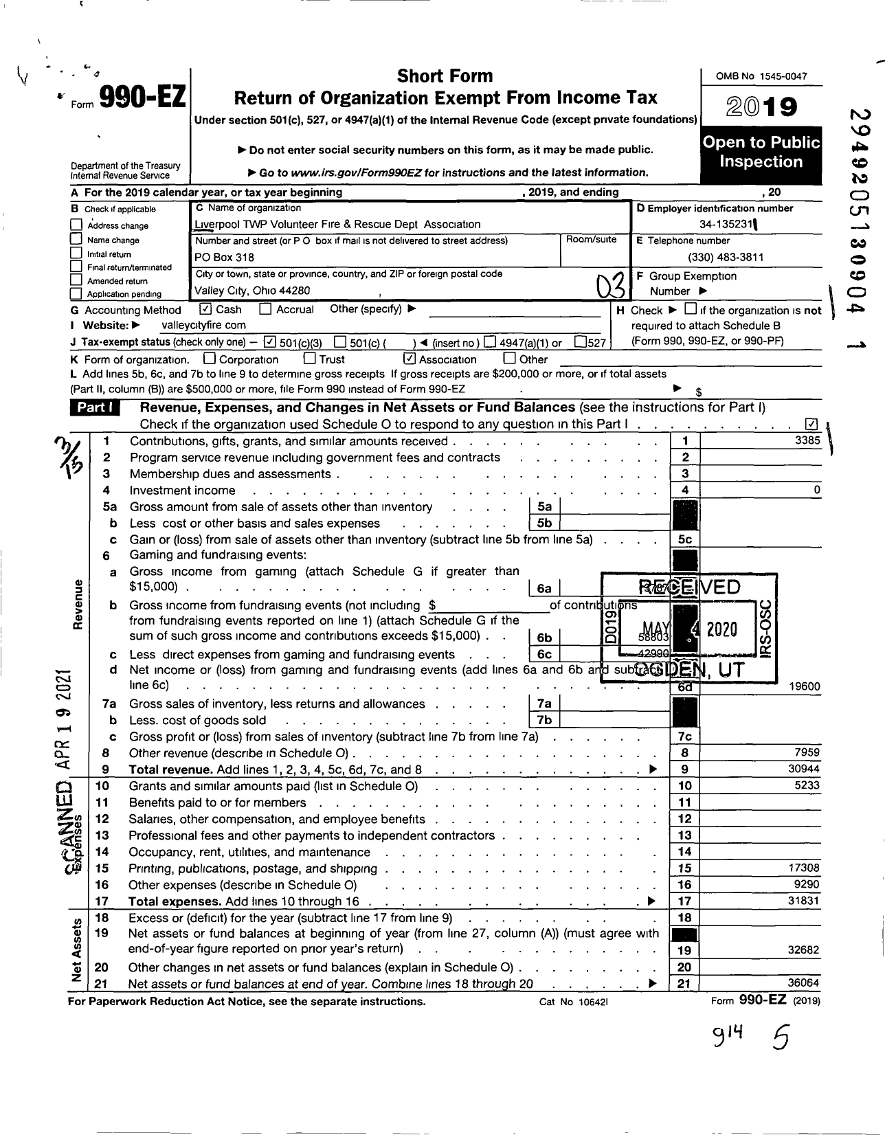 Image of first page of 2019 Form 990EZ for Valley City Firefighters Association