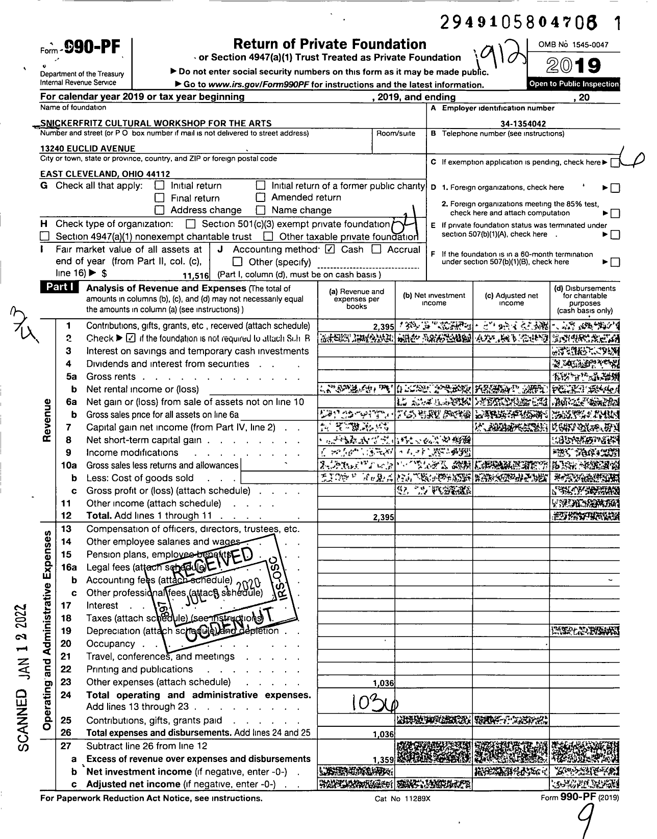 Image of first page of 2019 Form 990PF for Snickerfritz Cultural Workshop for the Arts