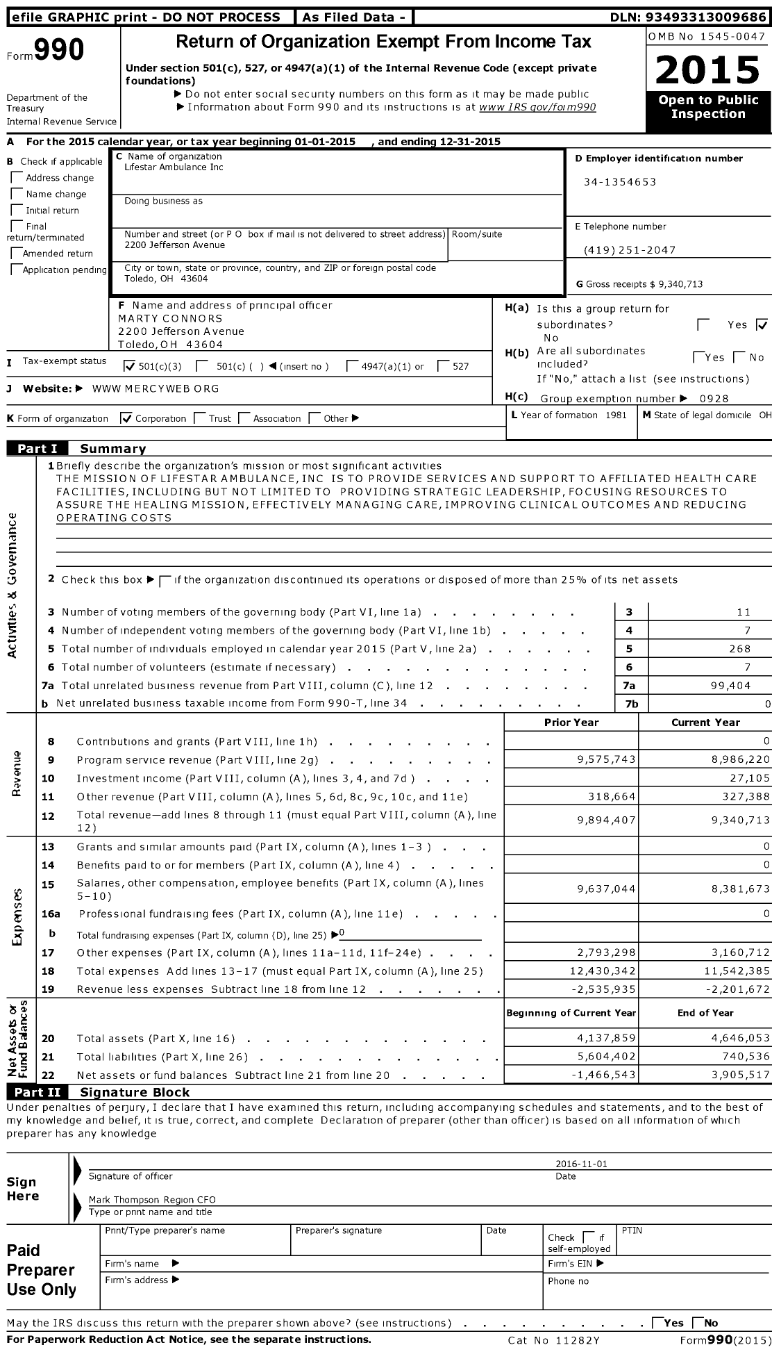 Image of first page of 2015 Form 990 for Lifestar Ambulance