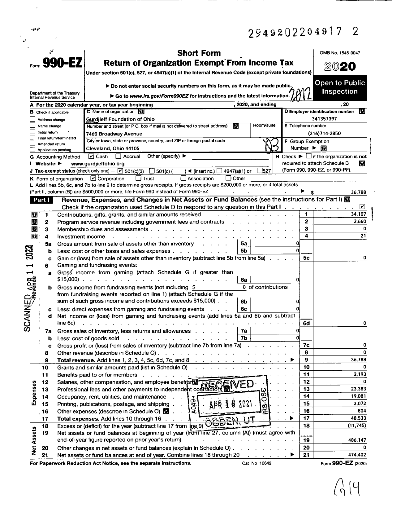 Image of first page of 2020 Form 990EZ for Gurdjieff Foundation of Ohio