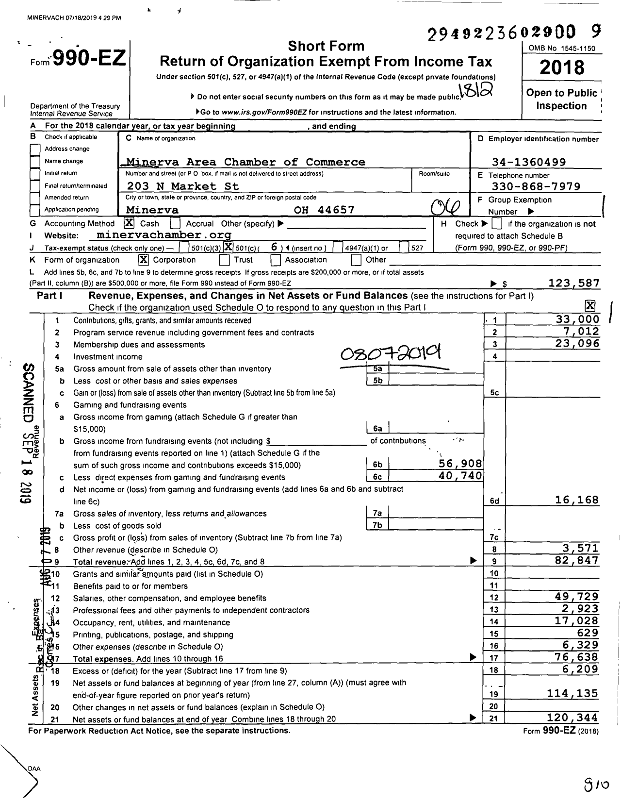 Image of first page of 2018 Form 990EO for Minerva Area Chamber of Commerce