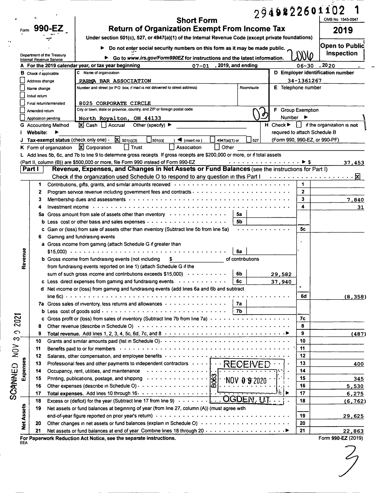 Image of first page of 2019 Form 990EZ for Parma Bar Association