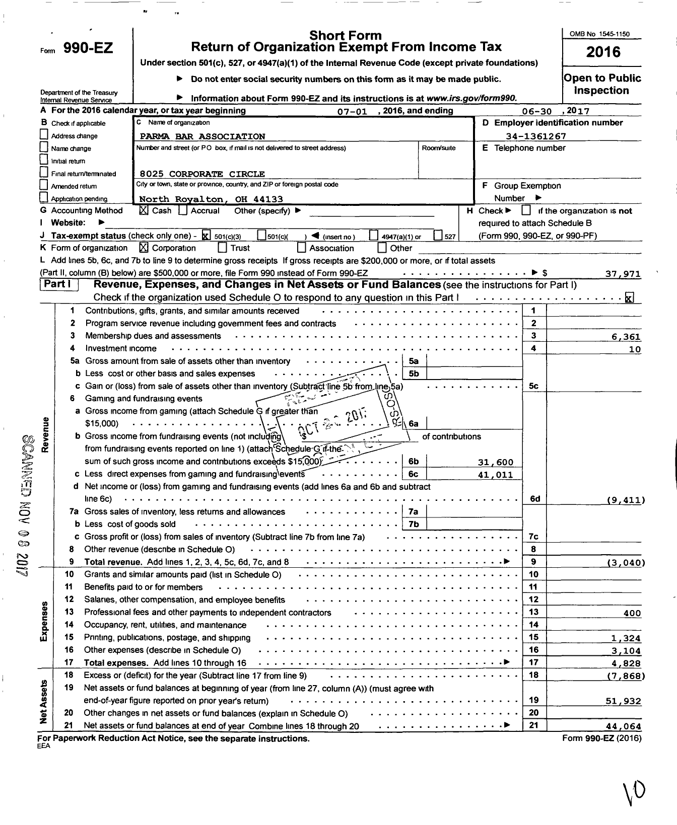 Image of first page of 2016 Form 990EZ for Parma Bar Association