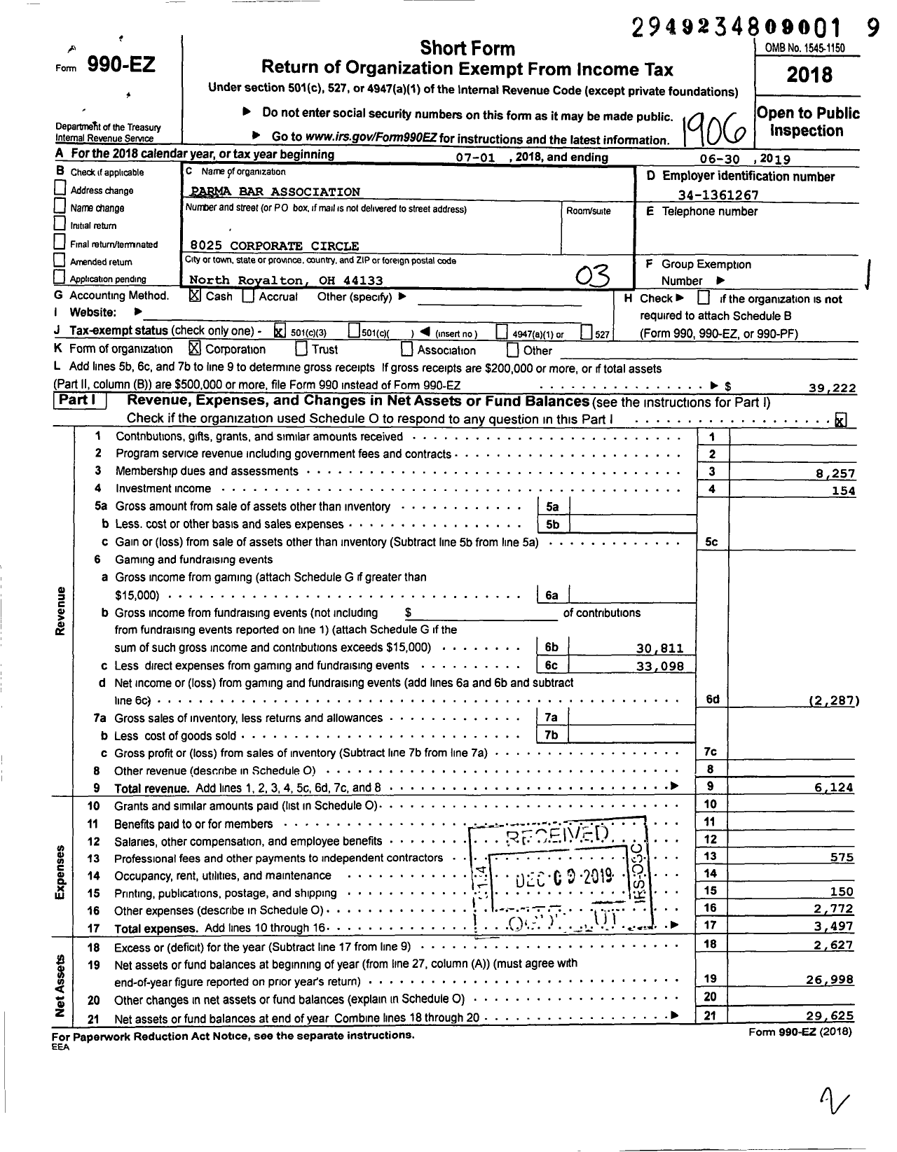 Image of first page of 2018 Form 990EZ for Parma Bar Association