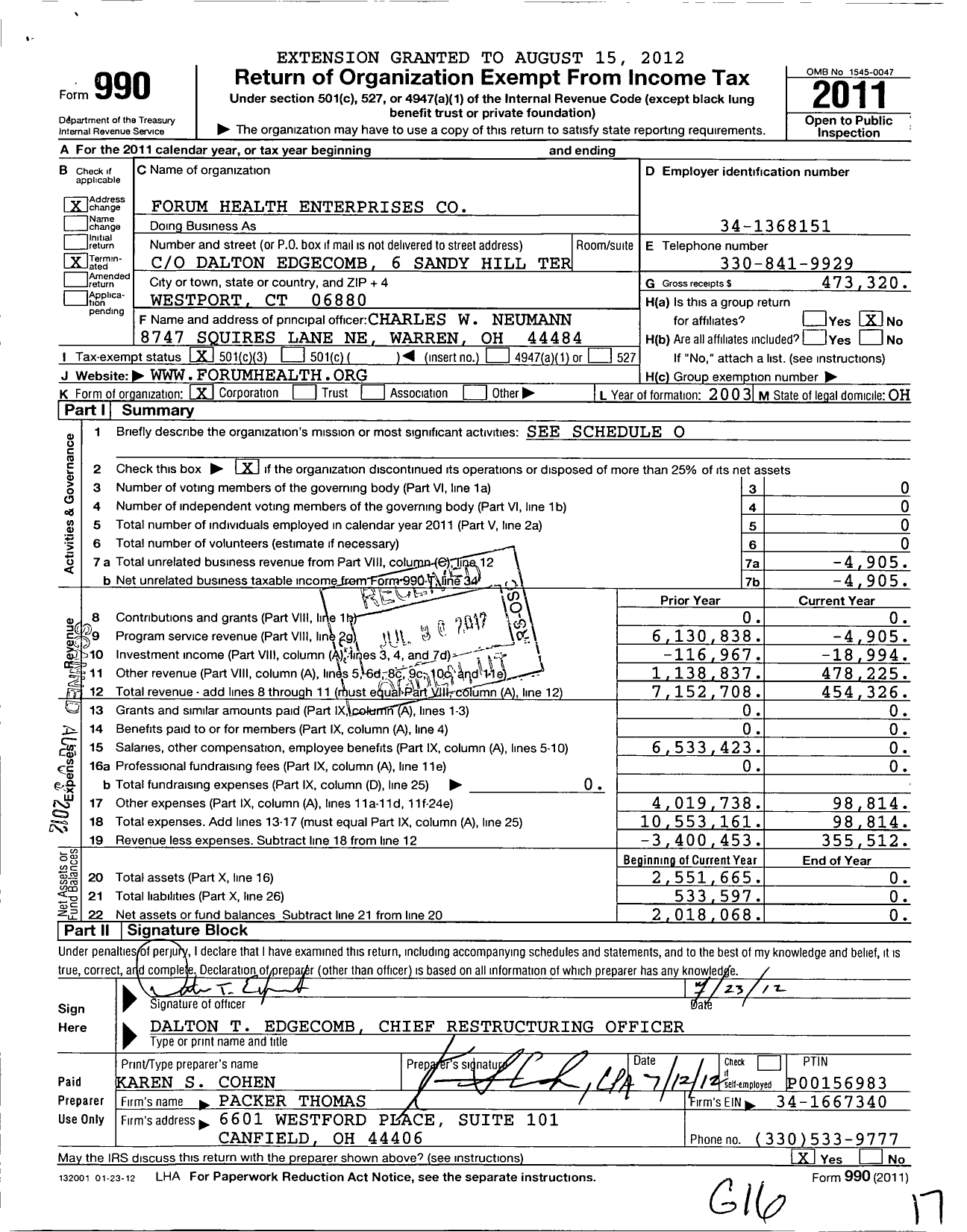 Image of first page of 2011 Form 990 for Forum Health Enterprises