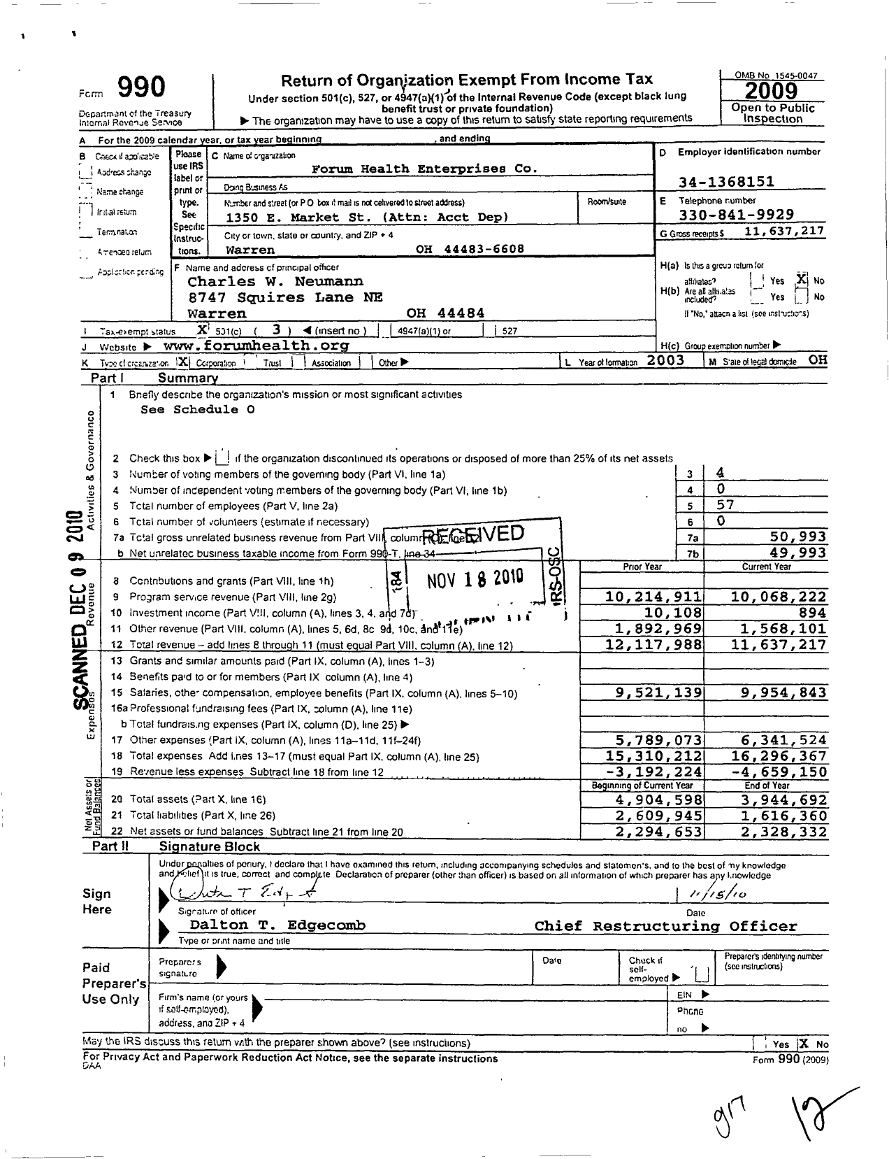 Image of first page of 2009 Form 990 for Forum Health Enterprises