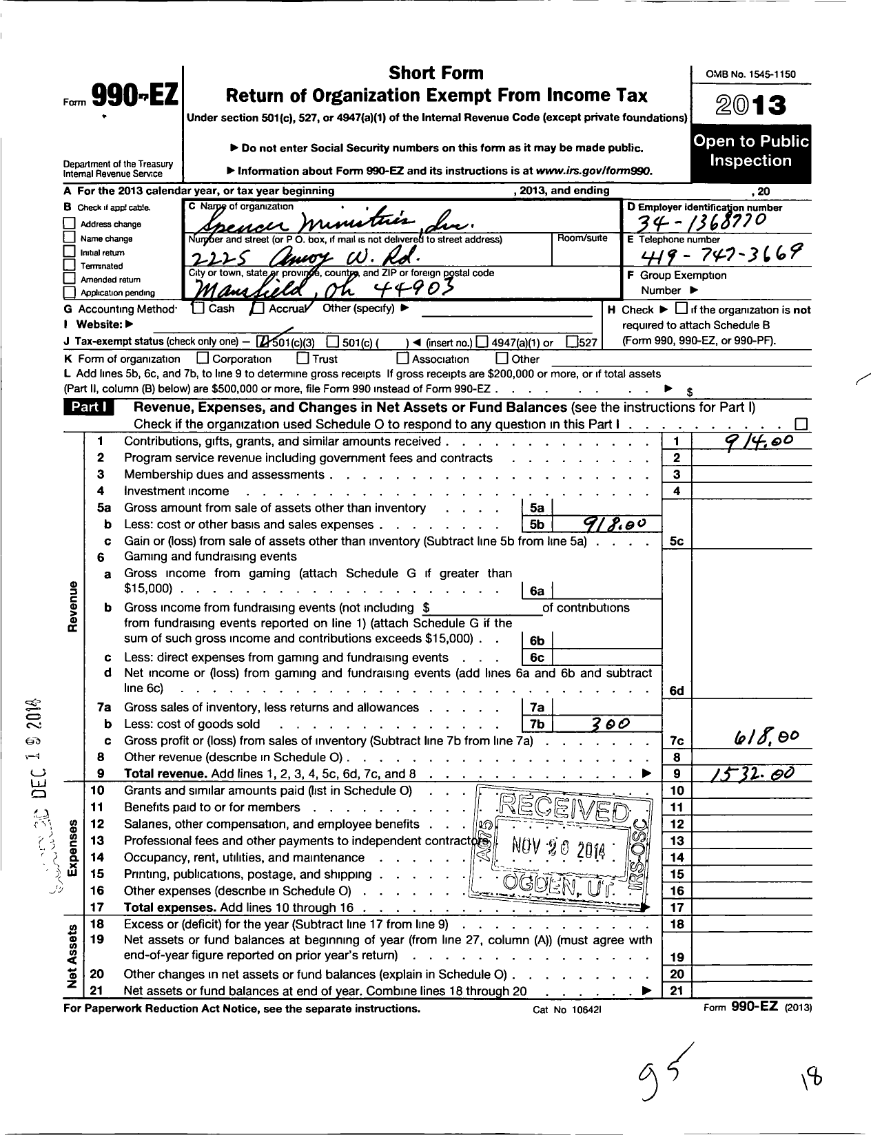 Image of first page of 2013 Form 990EZ for Spencer Ministries