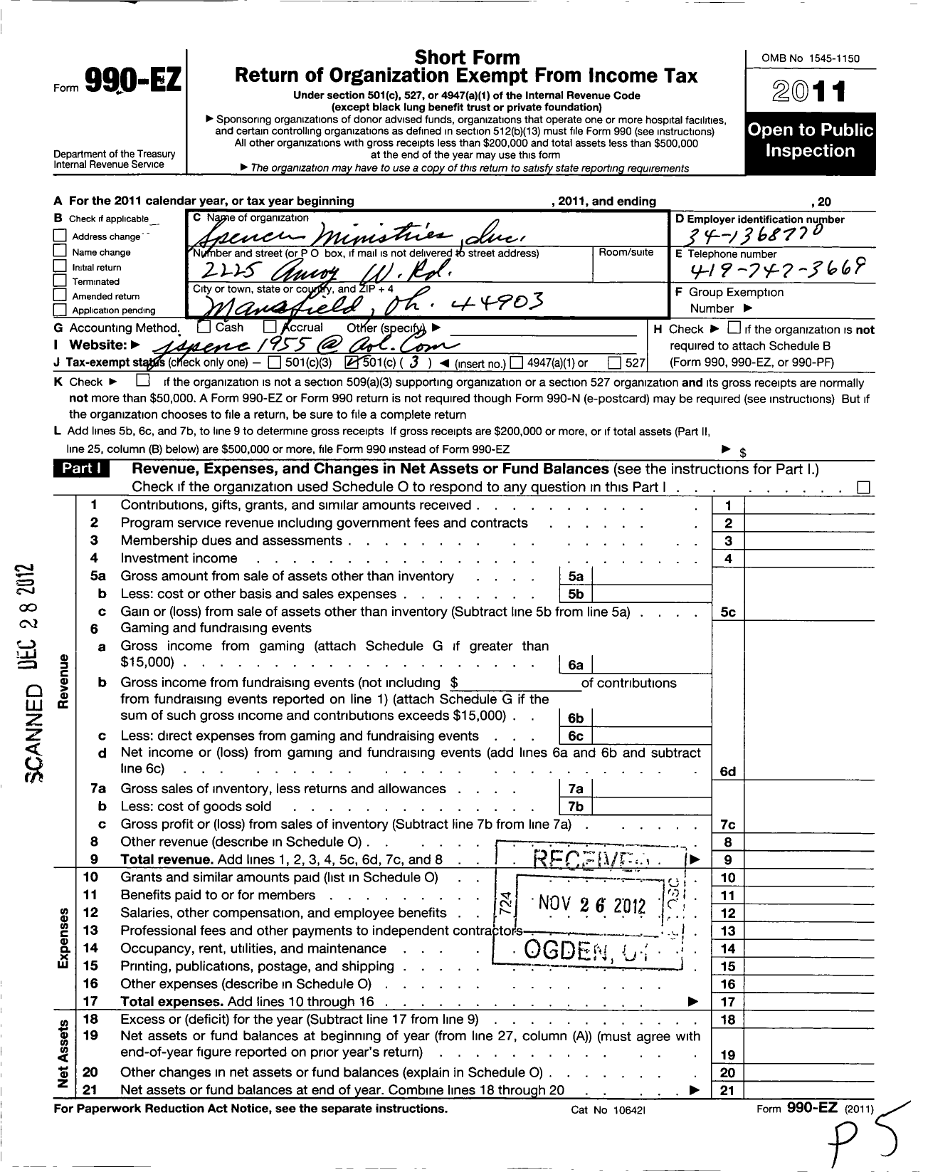 Image of first page of 2011 Form 990EZ for Spencer Ministries