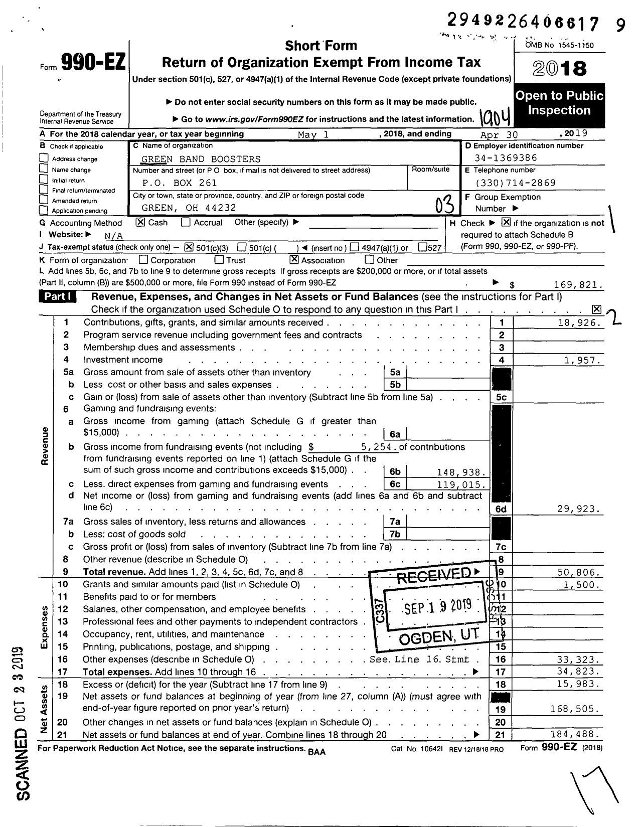 Image of first page of 2018 Form 990EZ for Green Band Boosters