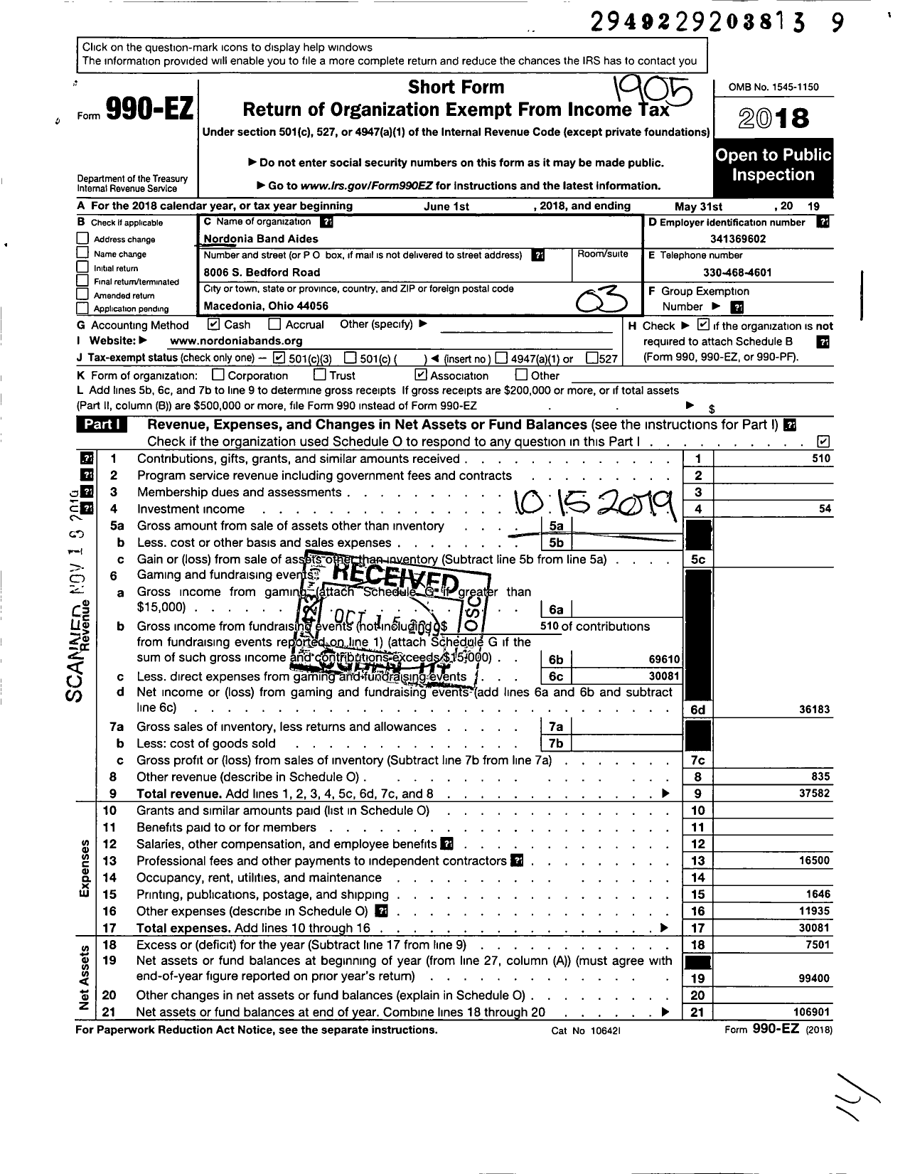 Image of first page of 2018 Form 990EZ for Nordonia Band Aides