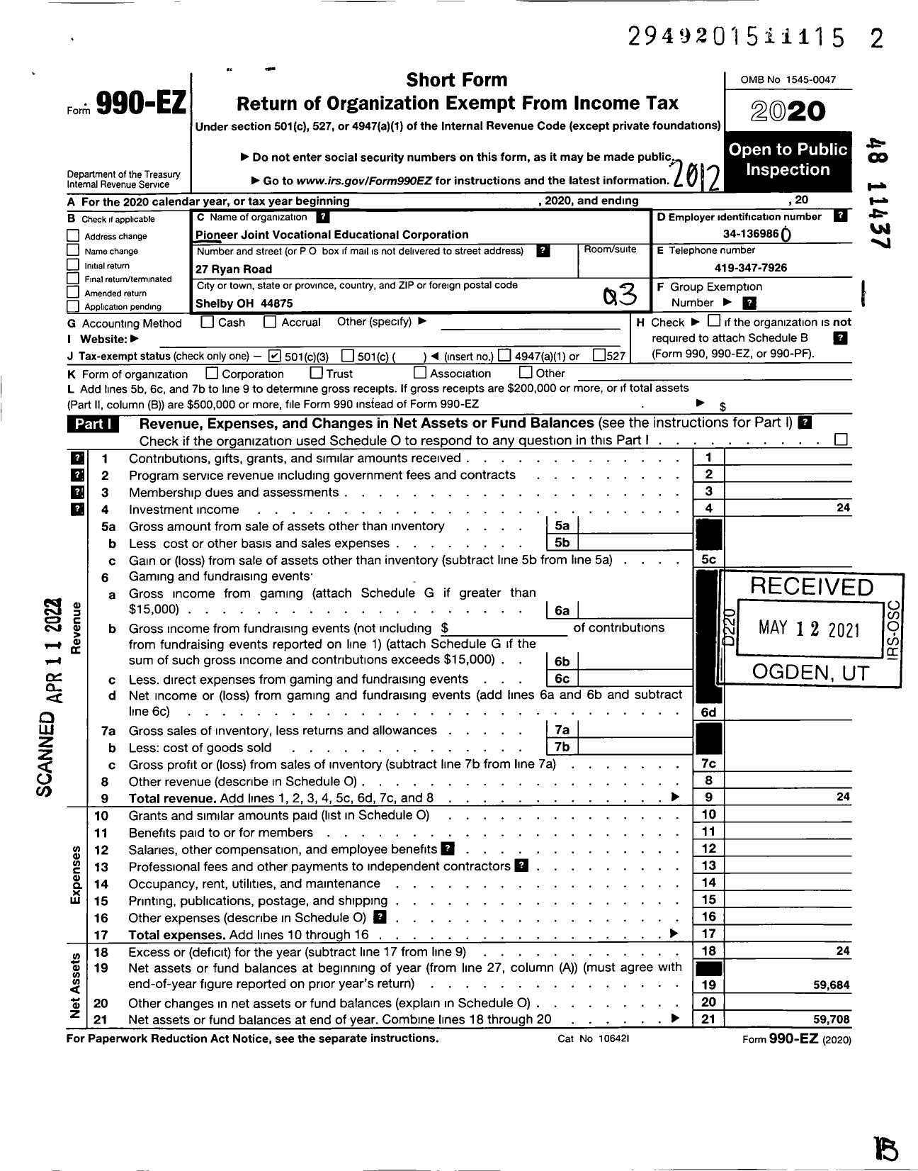 Image of first page of 2020 Form 990EZ for Pioneer Joint Vocational Educational Development Corporation