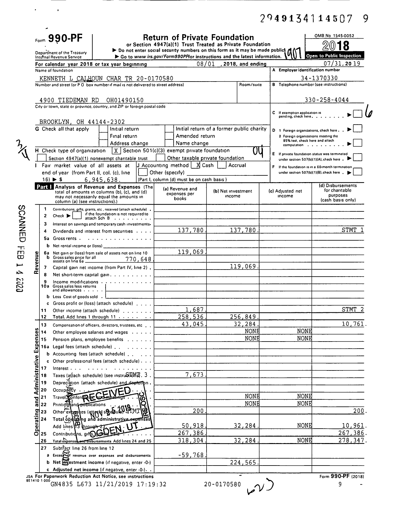 Image of first page of 2018 Form 990PF for Kenneth L Calhoun Charitable Trust