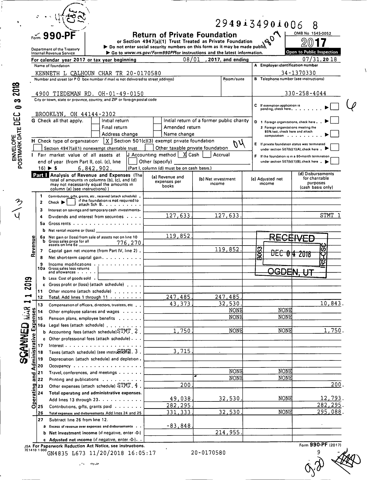 Image of first page of 2017 Form 990PF for Kenneth L Calhoun Charitable Trust